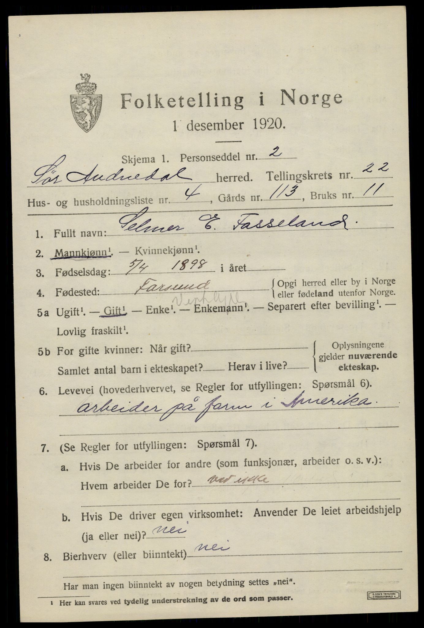SAK, 1920 census for Sør-Audnedal, 1920, p. 7131