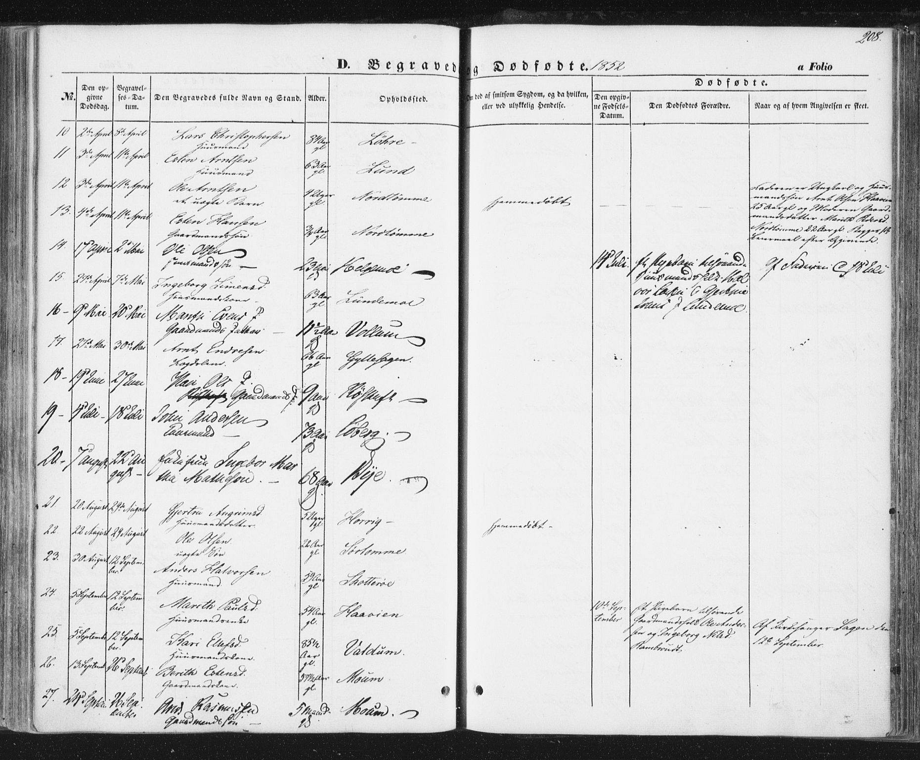 Ministerialprotokoller, klokkerbøker og fødselsregistre - Sør-Trøndelag, AV/SAT-A-1456/692/L1103: Parish register (official) no. 692A03, 1849-1870, p. 208