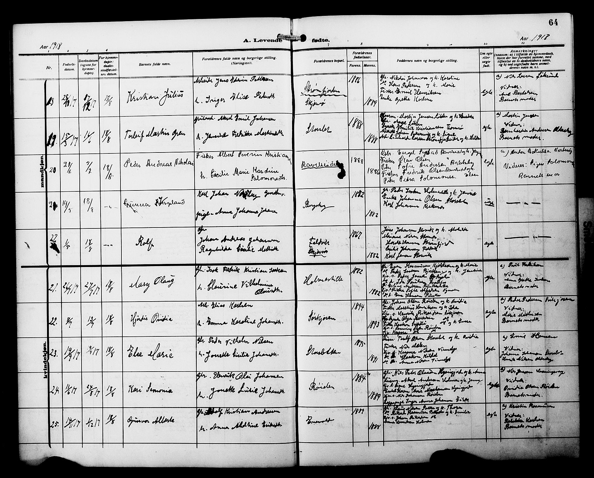 Skjervøy sokneprestkontor, AV/SATØ-S-1300/H/Ha/Hab/L0022klokker: Parish register (copy) no. 22, 1910-1926, p. 64