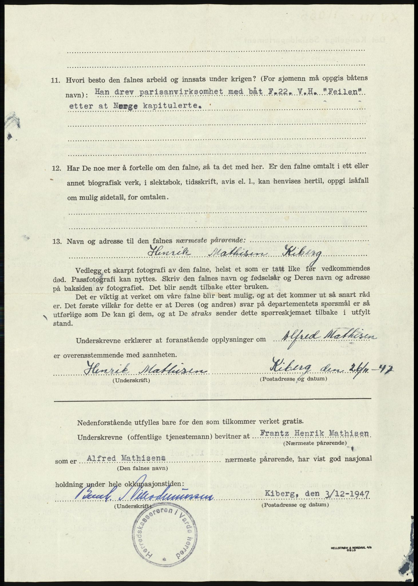 Sosialdepartementet, Våre Falne, AV/RA-S-1708/E/Ee/L0094: Personmapper: Maliniak, M 4567c - Mathisen, Alfred 4635b, 1945-1951, p. 1032