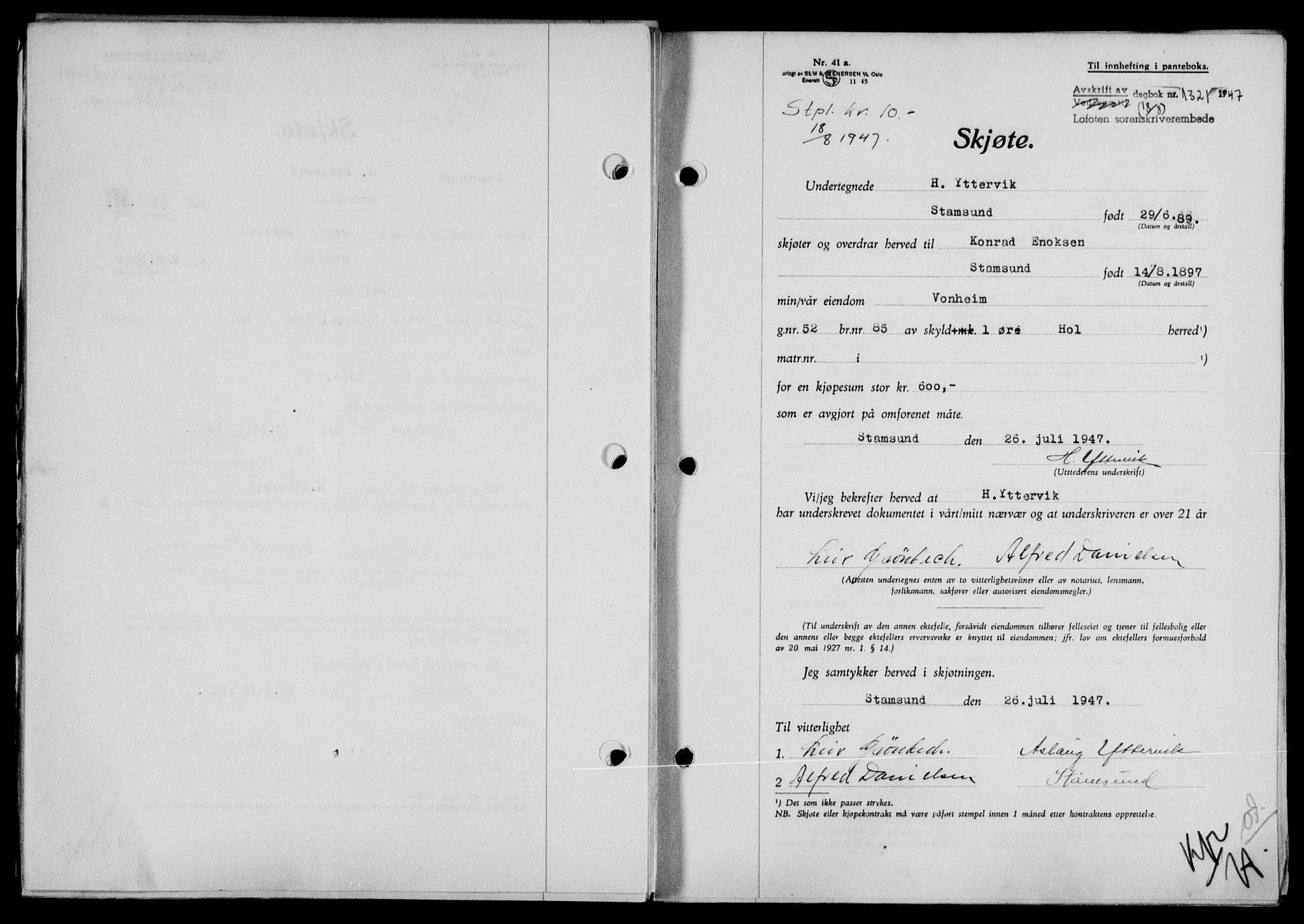 Lofoten sorenskriveri, SAT/A-0017/1/2/2C/L0016a: Mortgage book no. 16a, 1947-1947, Diary no: : 1321/1947
