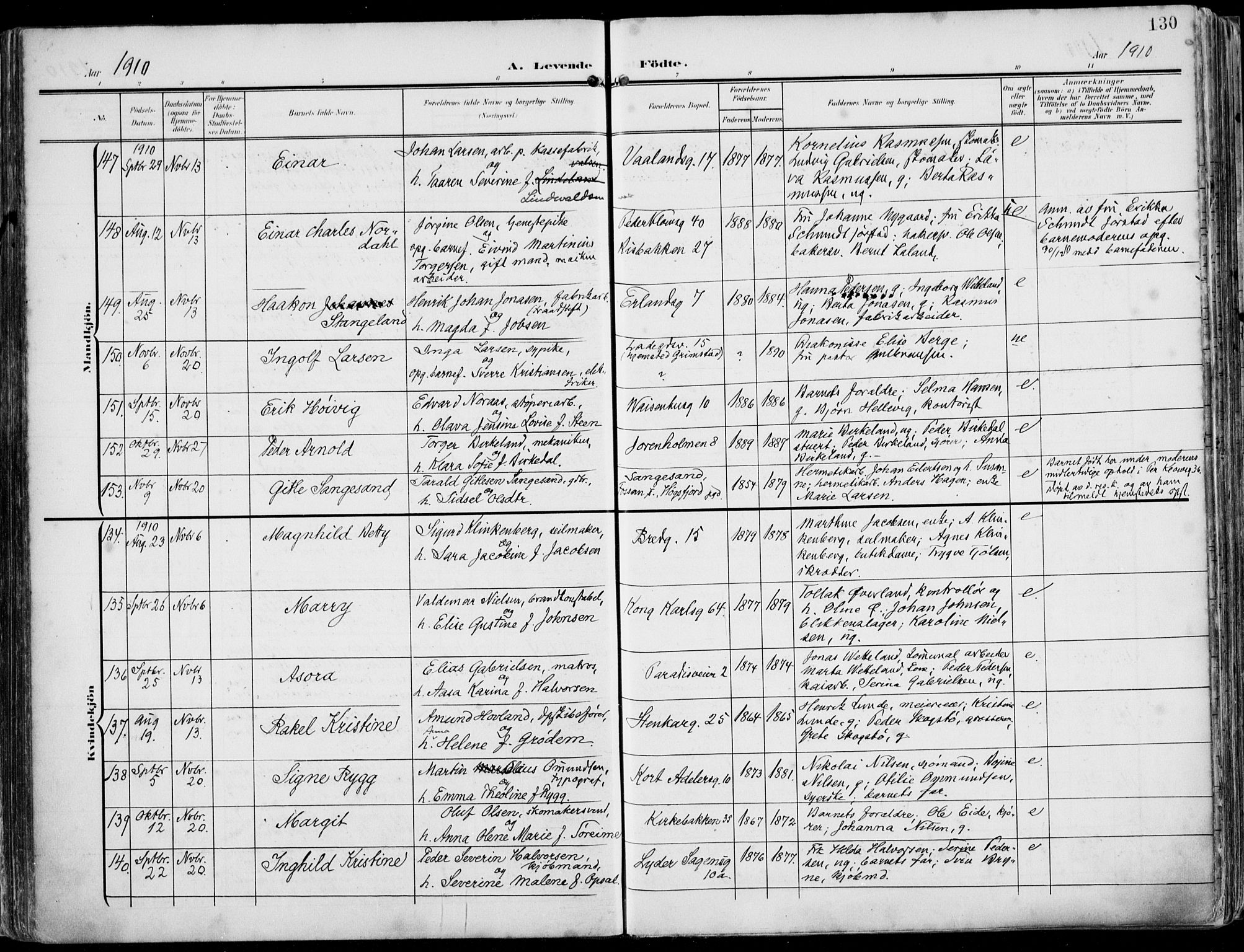 St. Petri sokneprestkontor, AV/SAST-A-101813/002/A/L0005: Parish register (official) no. A 23, 1902-1918, p. 130