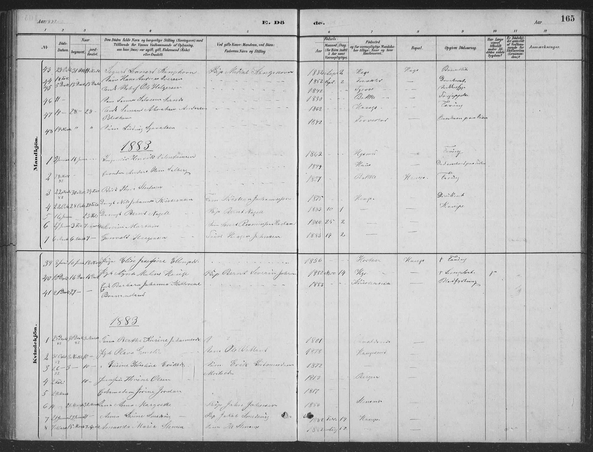 Haugesund sokneprestkontor, AV/SAST-A -101863/H/Ha/Hab/L0002: Parish register (copy) no. B 2, 1881-1894, p. 165