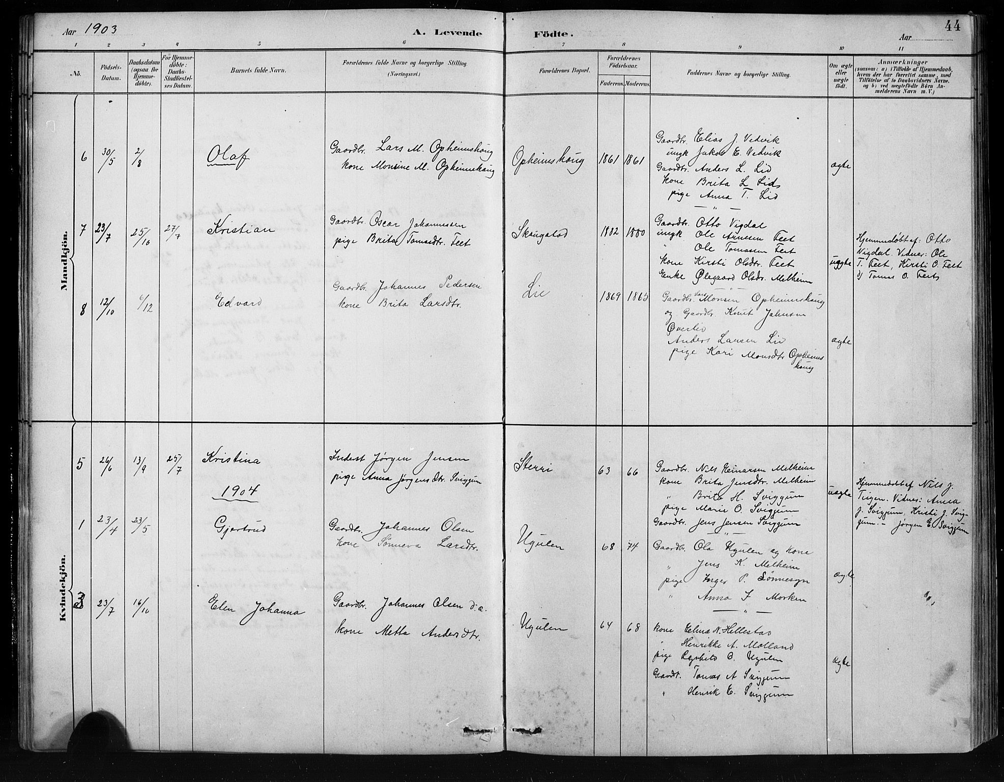 Jostedal sokneprestembete, SAB/A-80601/H/Hab/Habb/L0001: Parish register (copy) no. B 1, 1882-1921, p. 44