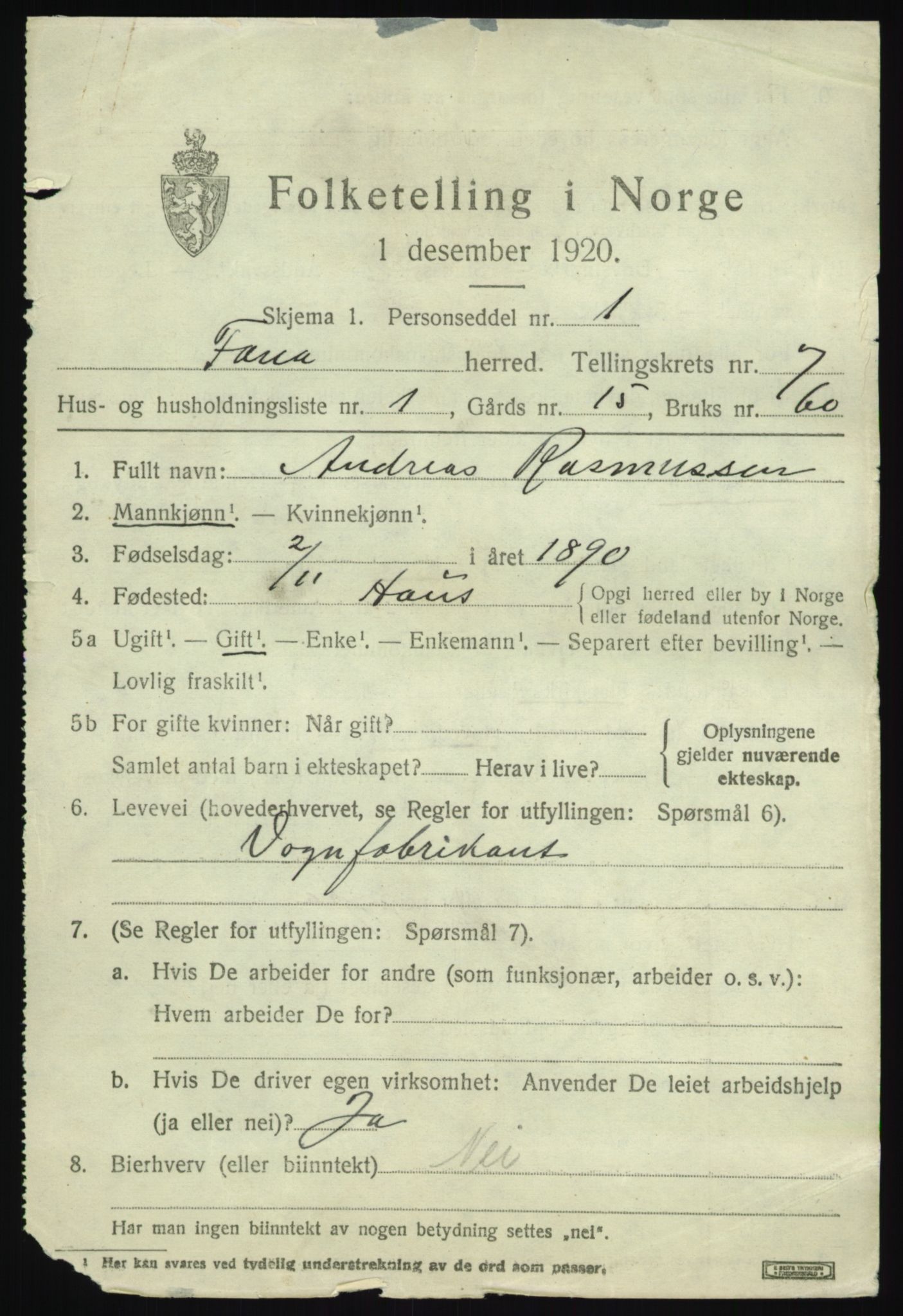 SAB, 1920 census for Fana, 1920, p. 12567