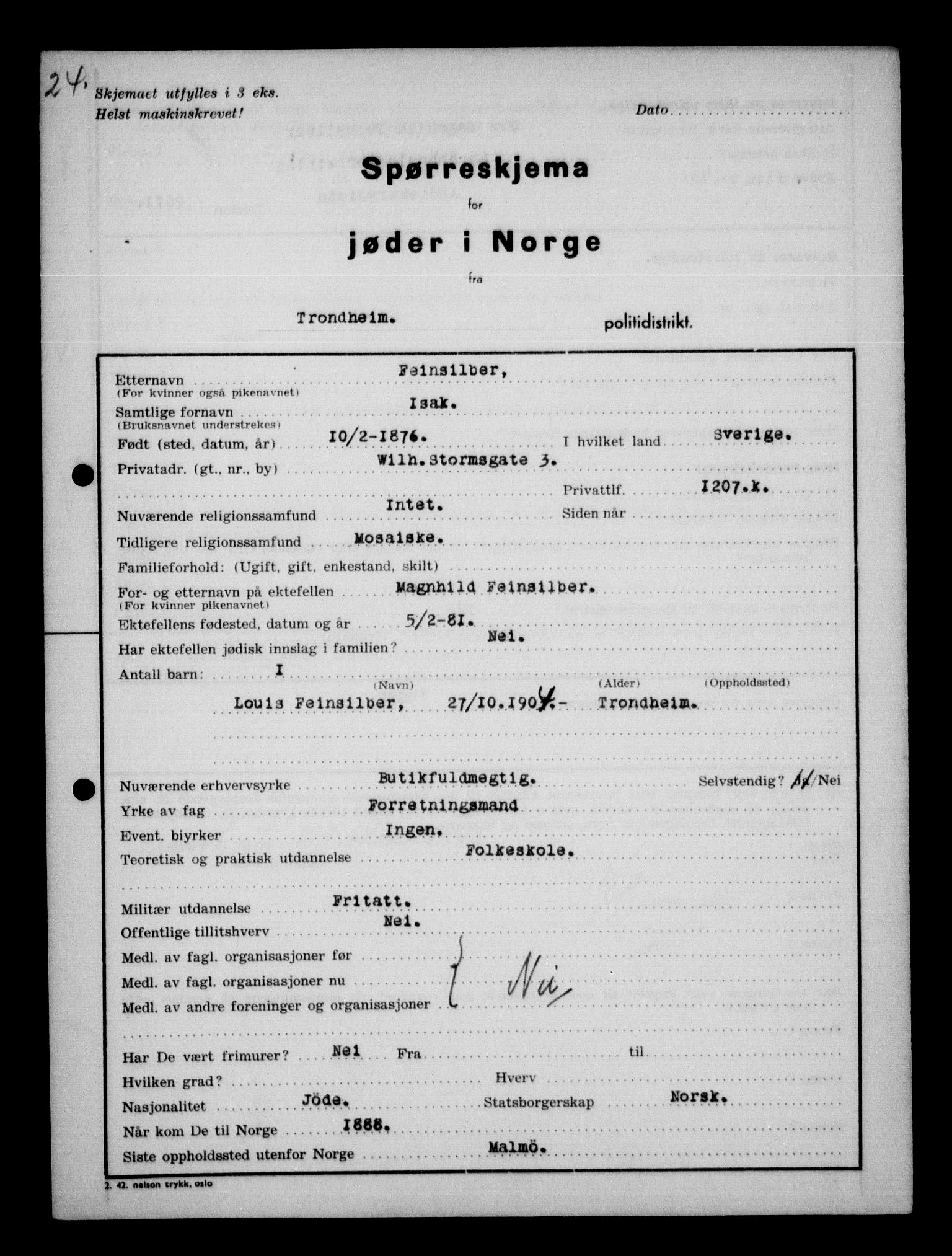 Statspolitiet - Hovedkontoret / Osloavdelingen, AV/RA-S-1329/G/Ga/L0013: Spørreskjema for jøder i Norge. 1: Sandefjord-Trondheim. 2: Tønsberg- Ålesund.  3: Skriv vedr. jøder A-H.  , 1942-1943, p. 221