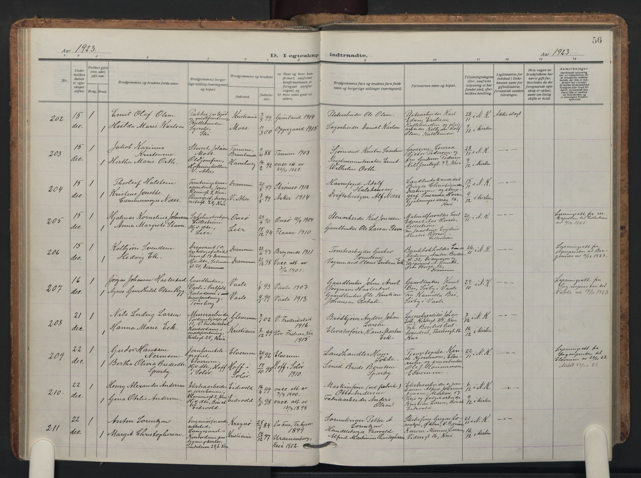 Oslo domkirke Kirkebøker, AV/SAO-A-10752/F/Fa/L0040: Parish register (official) no. 40, 1921-1932, p. 56