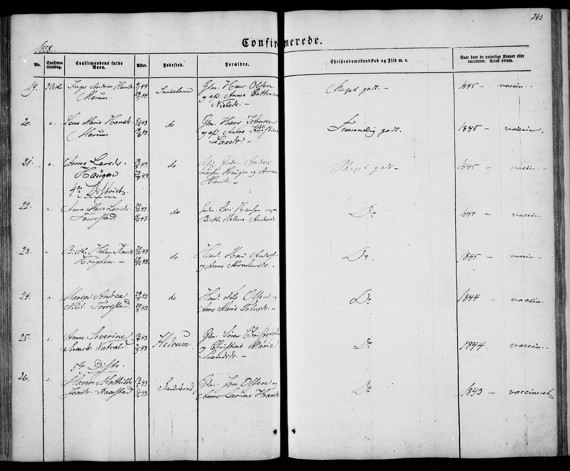 Sandar kirkebøker, AV/SAKO-A-243/F/Fa/L0007: Parish register (official) no. 7, 1855-1861, p. 243