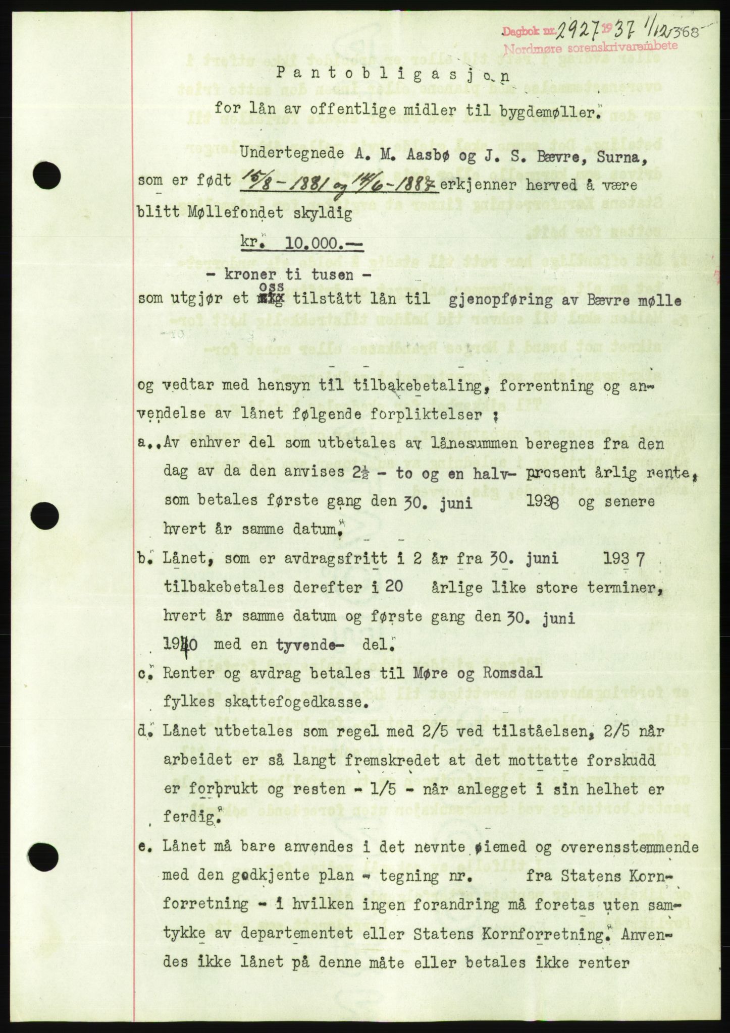 Nordmøre sorenskriveri, AV/SAT-A-4132/1/2/2Ca/L0092: Mortgage book no. B82, 1937-1938, Diary no: : 2927/1937