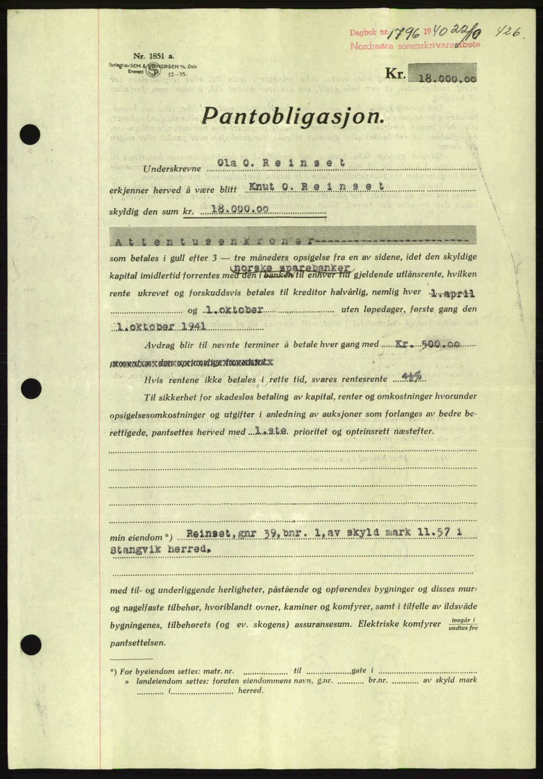 Nordmøre sorenskriveri, AV/SAT-A-4132/1/2/2Ca: Mortgage book no. B87, 1940-1941, Diary no: : 1796/1940