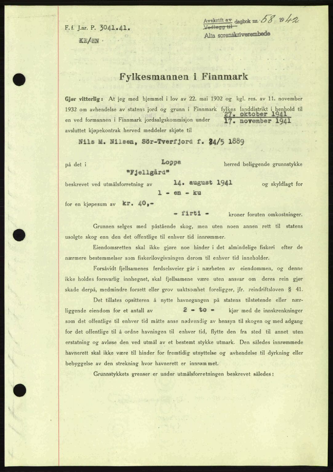 Alta fogderi/sorenskriveri, SATØ/SATØ-5/1/K/Kd/L0033pantebok: Mortgage book no. 33, 1940-1943, Diary no: : 58/1942