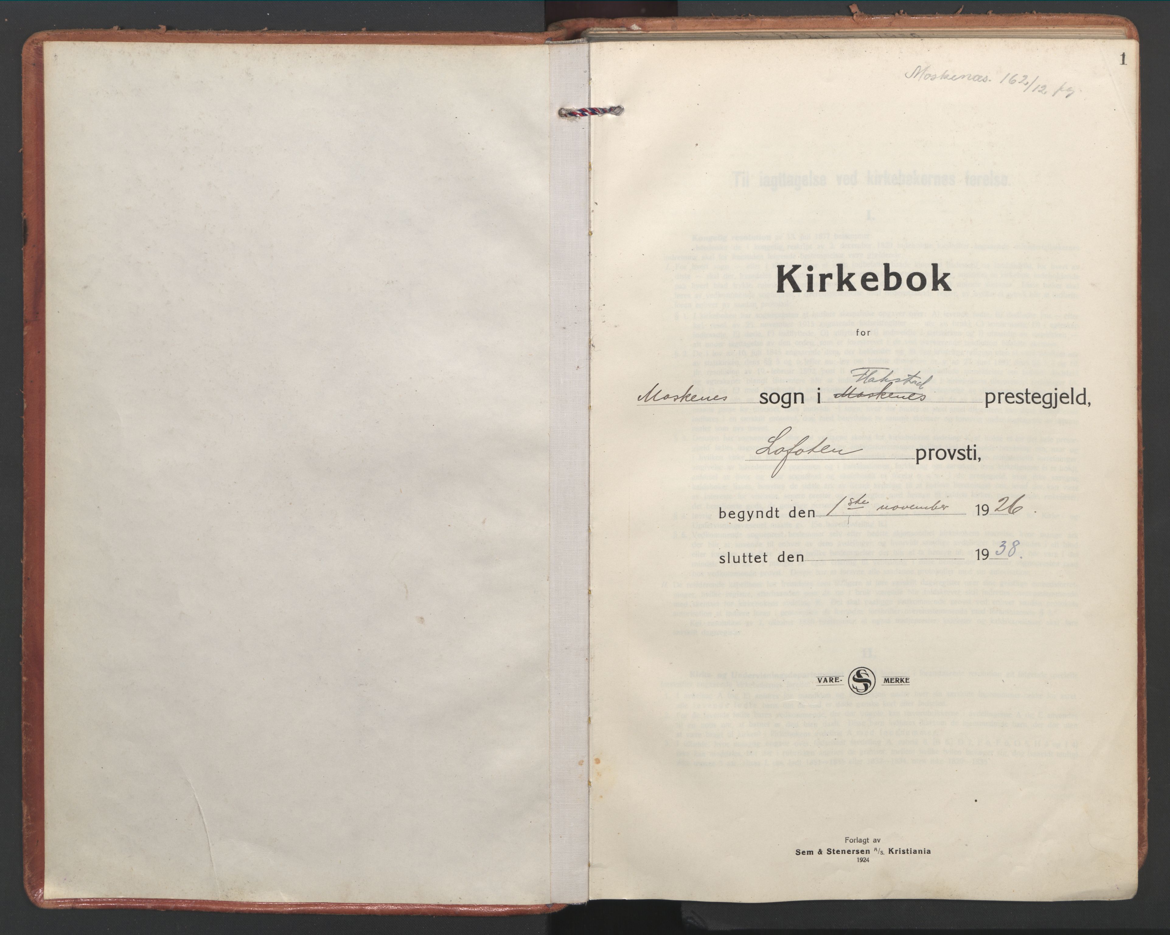 Ministerialprotokoller, klokkerbøker og fødselsregistre - Nordland, SAT/A-1459/886/L1223: Parish register (official) no. 886A05, 1926-1938, p. 1