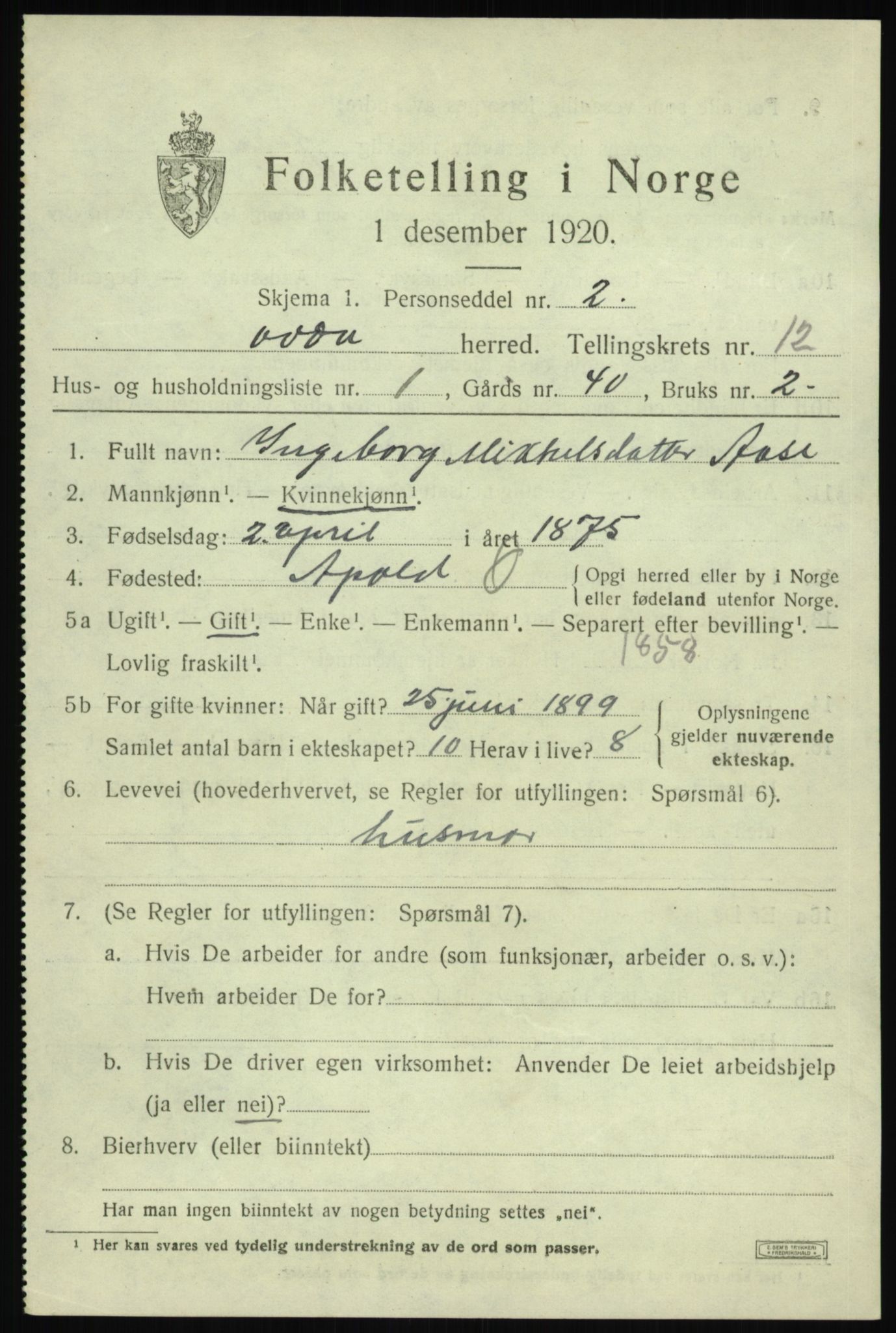 SAB, 1920 census for Odda, 1920, p. 11661