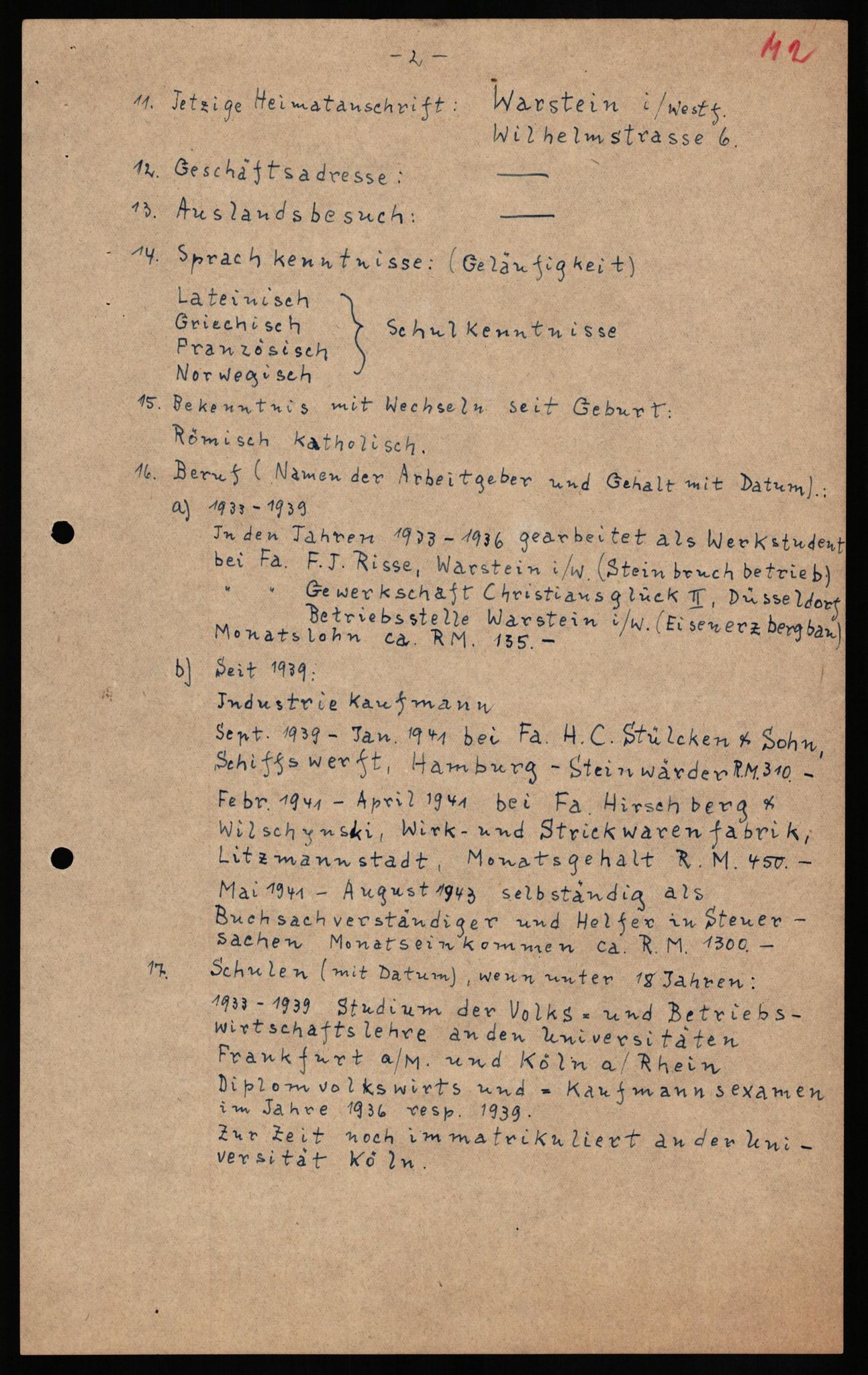 Forsvaret, Forsvarets overkommando II, RA/RAFA-3915/D/Db/L0021: CI Questionaires. Tyske okkupasjonsstyrker i Norge. Tyskere., 1945-1946, p. 440