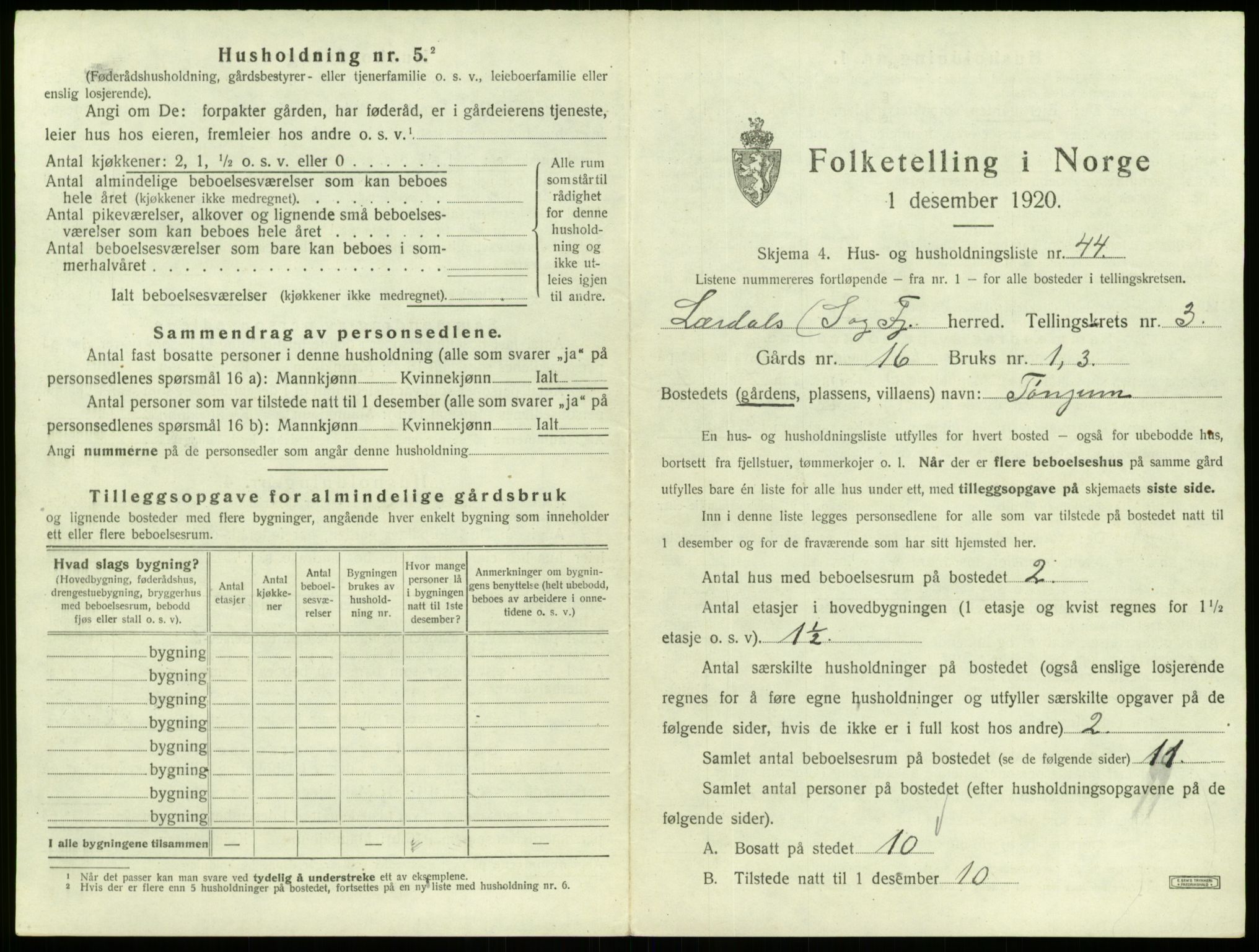 SAB, 1920 census for Lærdal, 1920, p. 303