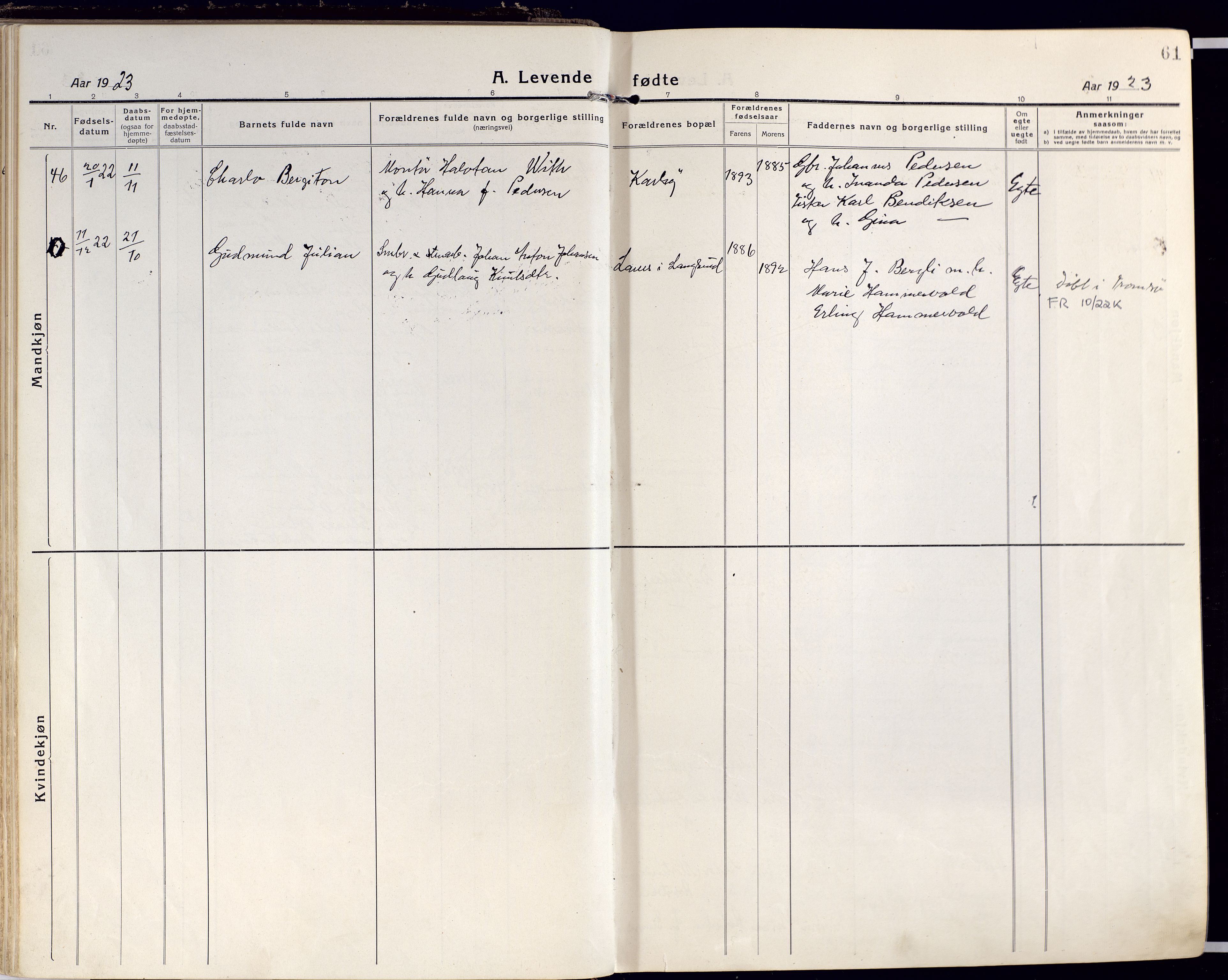 Karlsøy sokneprestembete, AV/SATØ-S-1299/H/Ha/Haa/L0015kirke: Parish register (official) no. 15, 1918-1929, p. 61