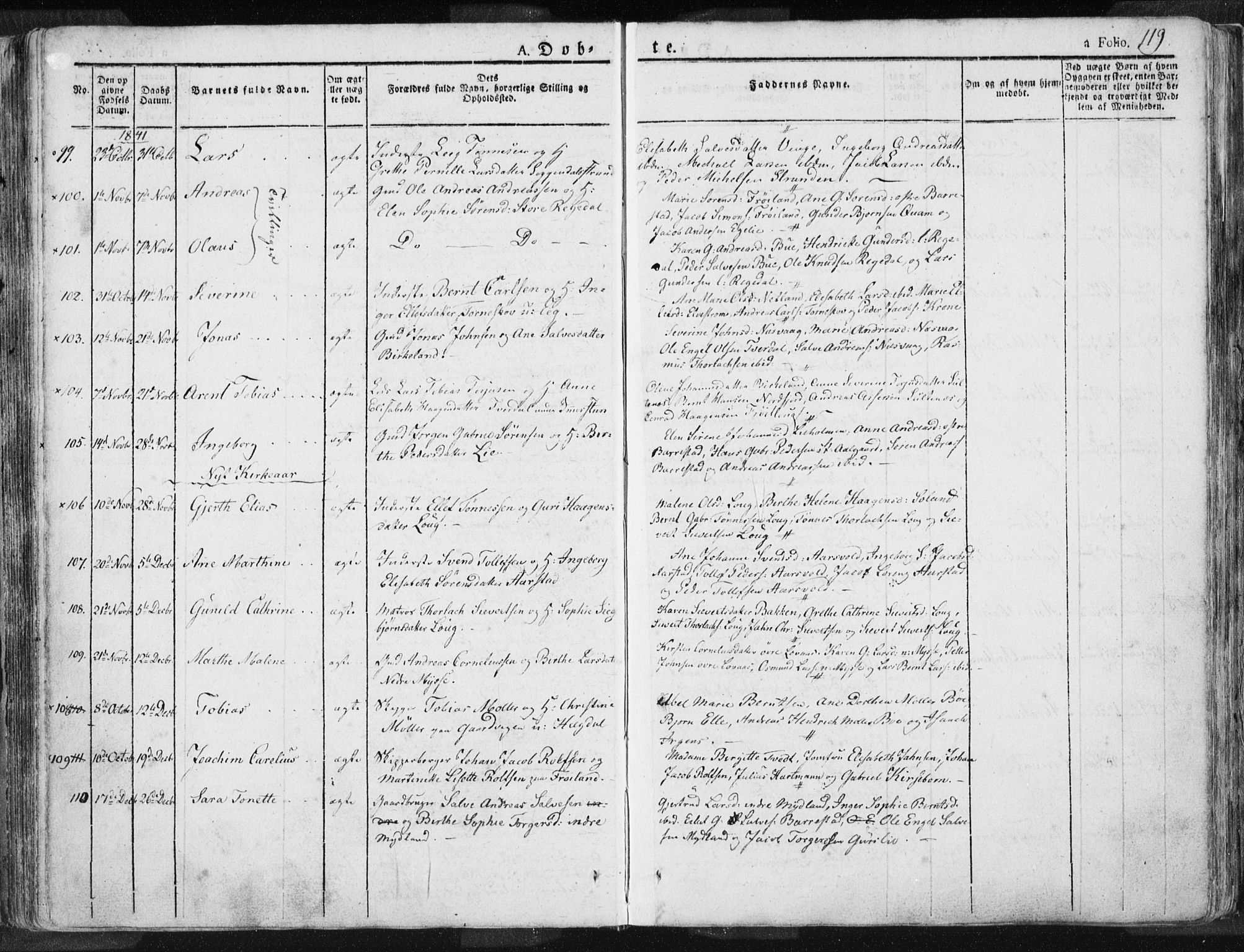 Sokndal sokneprestkontor, AV/SAST-A-101808: Parish register (official) no. A 7.1, 1826-1842, p. 119