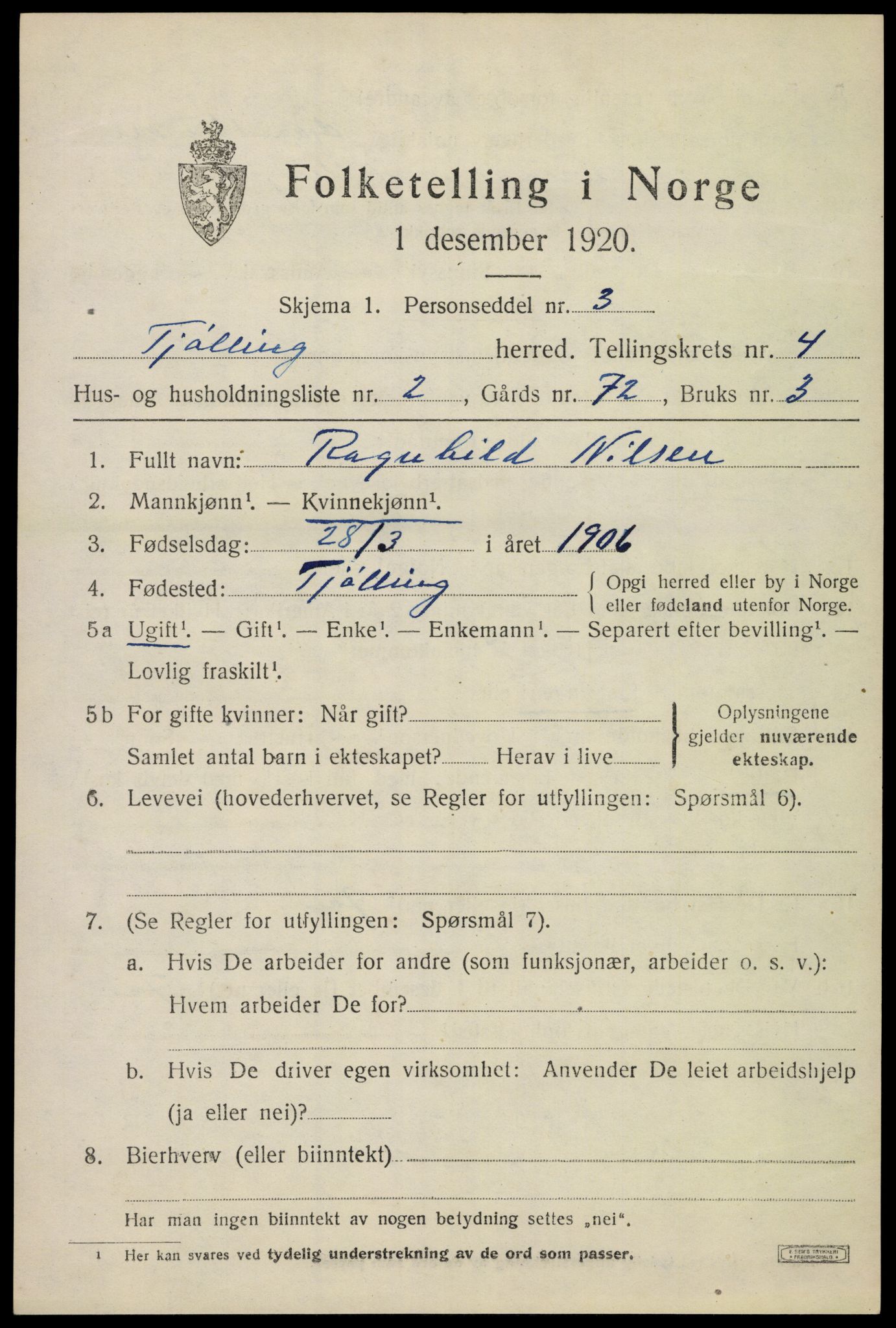 SAKO, 1920 census for Tjølling, 1920, p. 7515