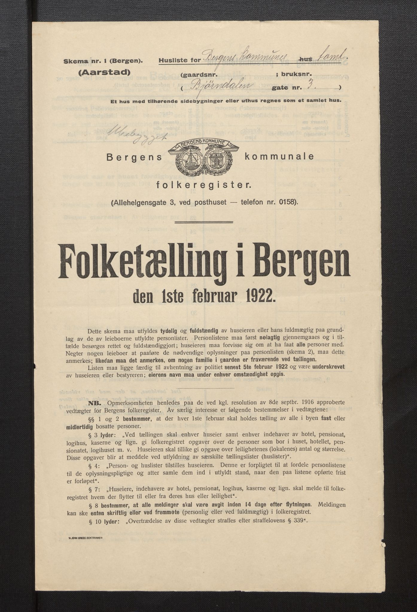 SAB, Municipal Census 1922 for Bergen, 1922, p. 50857