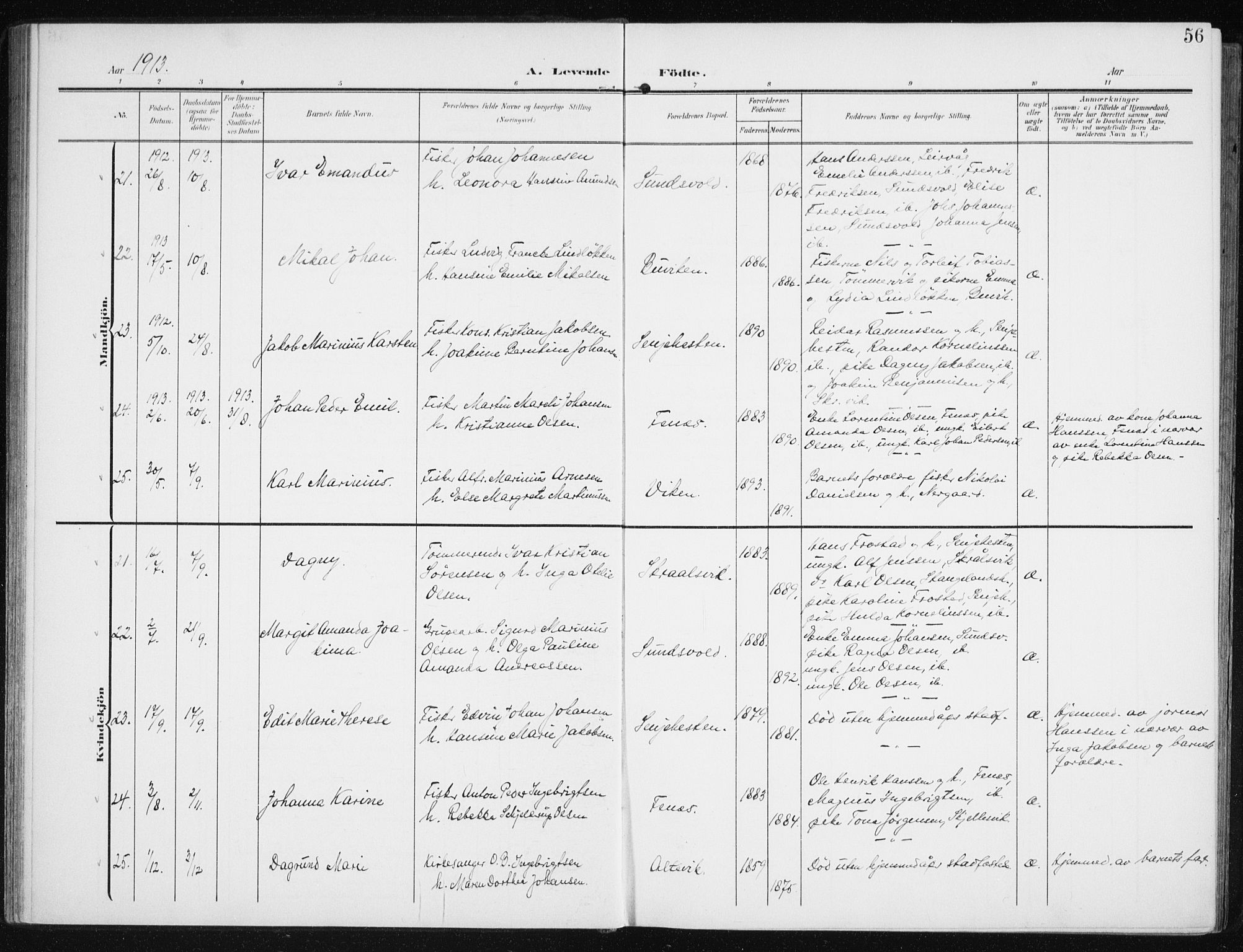 Sand/Bjarkøy sokneprestkontor, AV/SATØ-S-0811/I/Ia/Iaa/L0005kirke: Parish register (official) no. 5, 1905-1914, p. 56