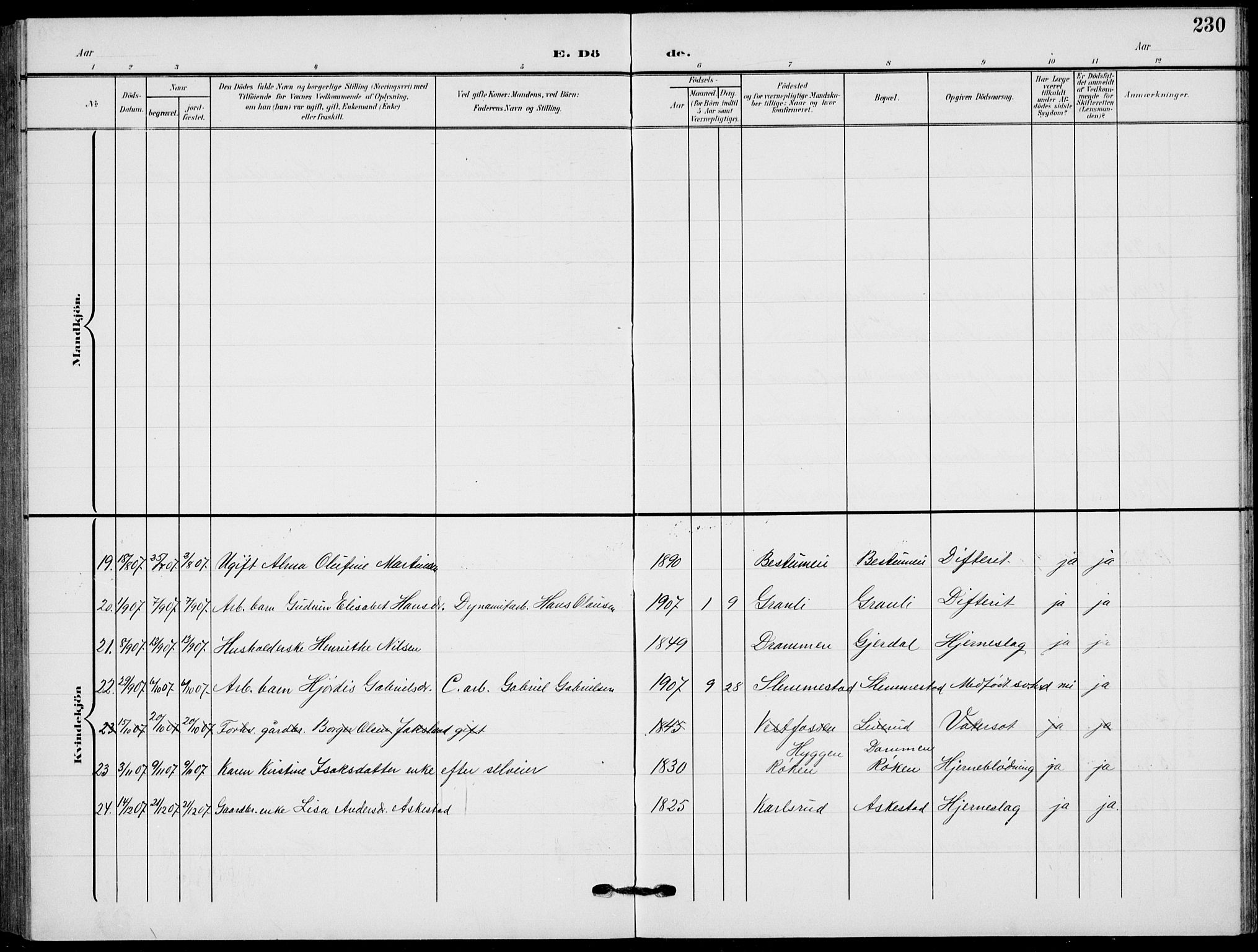 Røyken kirkebøker, SAKO/A-241/G/Ga/L0005: Parish register (copy) no. 5, 1903-1918, p. 230