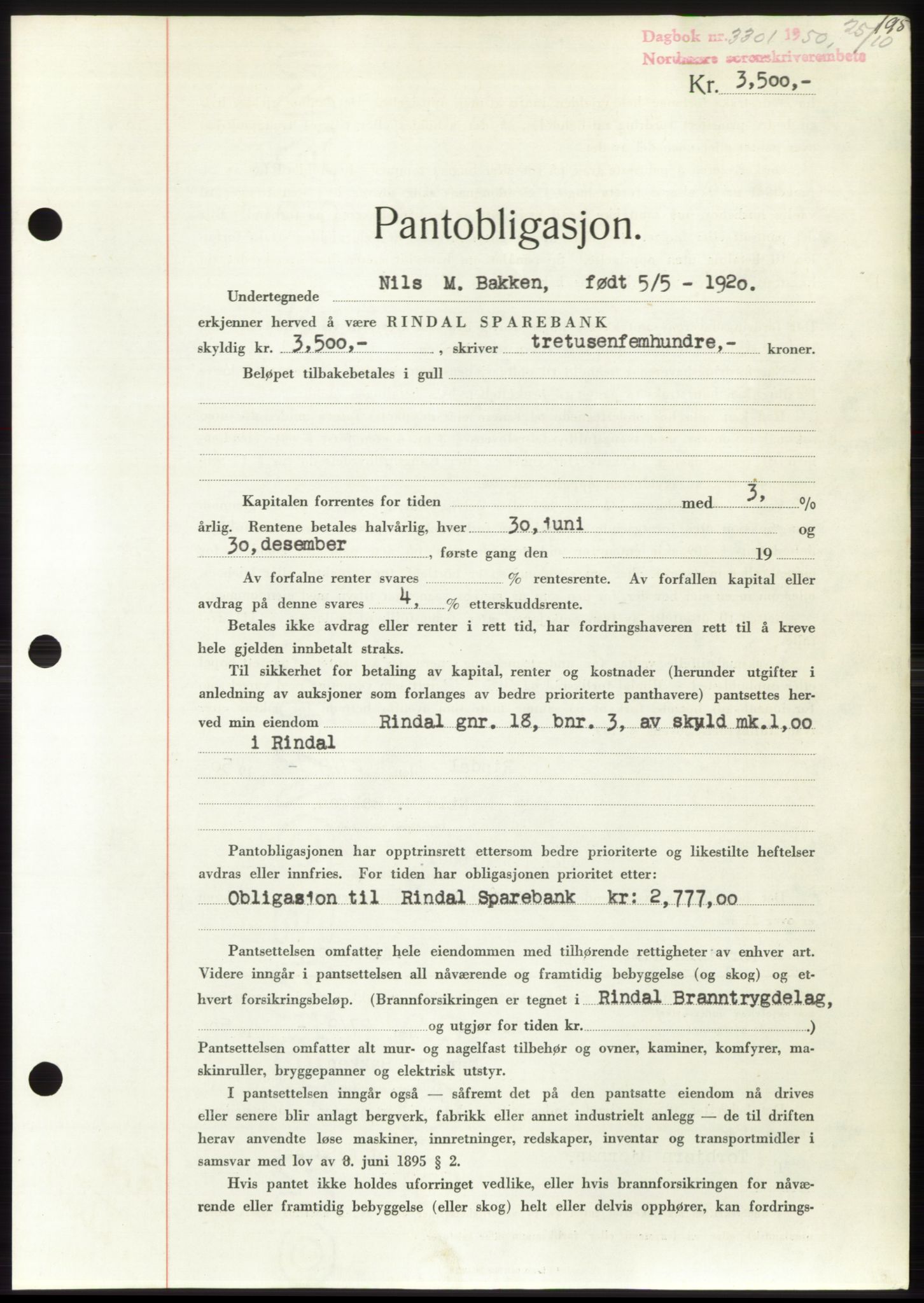 Nordmøre sorenskriveri, AV/SAT-A-4132/1/2/2Ca: Mortgage book no. B106, 1950-1950, Diary no: : 3301/1950