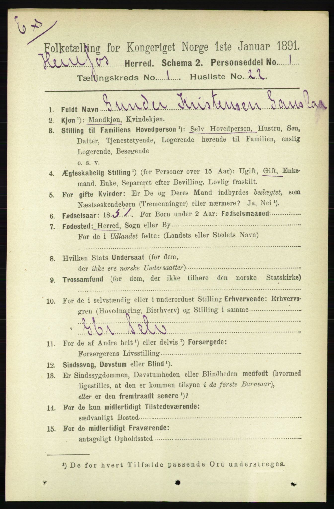 RA, Census 1891 for Nedenes amt: Gjenparter av personsedler for beslektede ektefeller, menn, 1891, p. 416