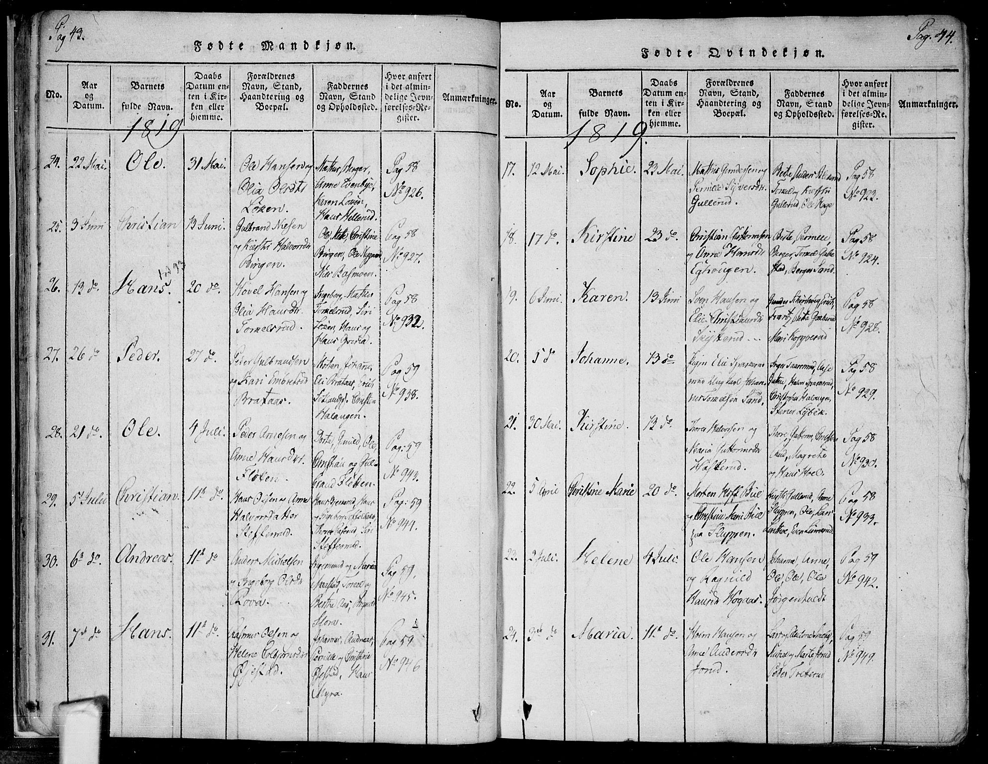 Trøgstad prestekontor Kirkebøker, AV/SAO-A-10925/F/Fa/L0006: Parish register (official) no. I 6, 1815-1844, p. 43-44