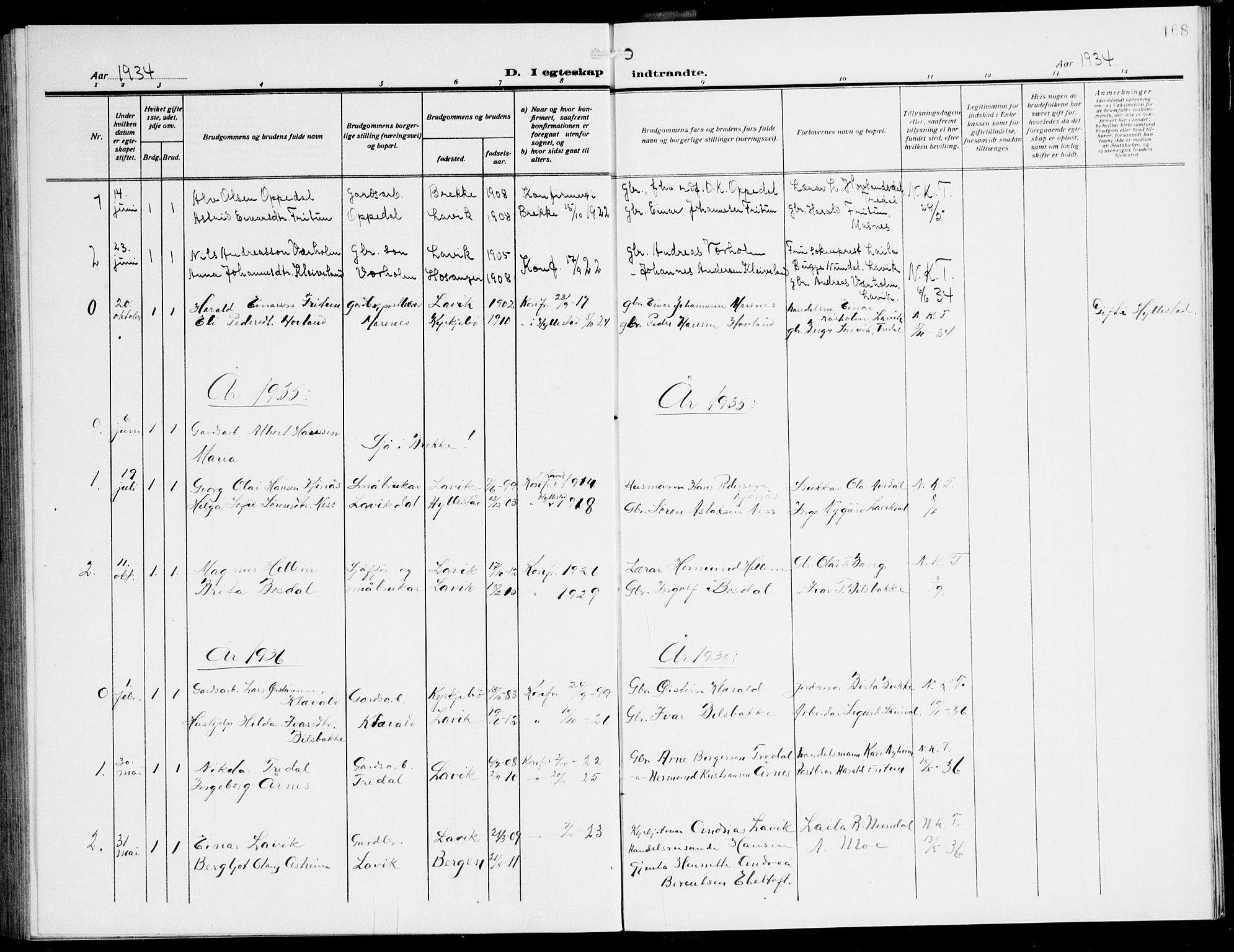 Lavik sokneprestembete, AV/SAB-A-80901: Parish register (copy) no. A 3, 1911-1942, p. 168