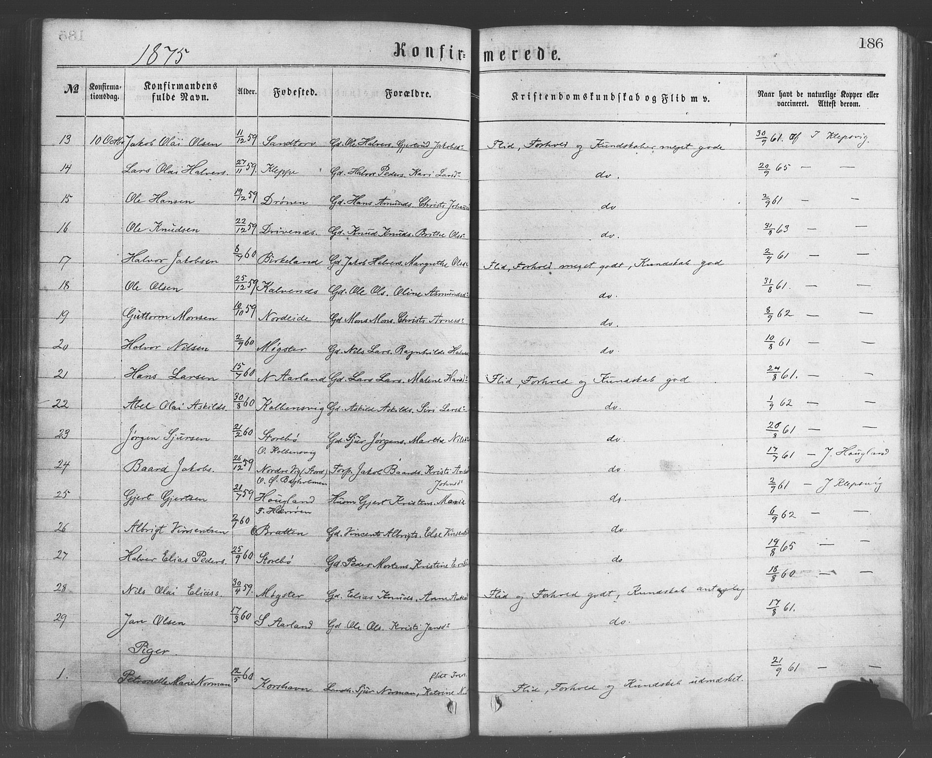 Sund sokneprestembete, AV/SAB-A-99930: Parish register (official) no. A 15, 1867-1881, p. 186