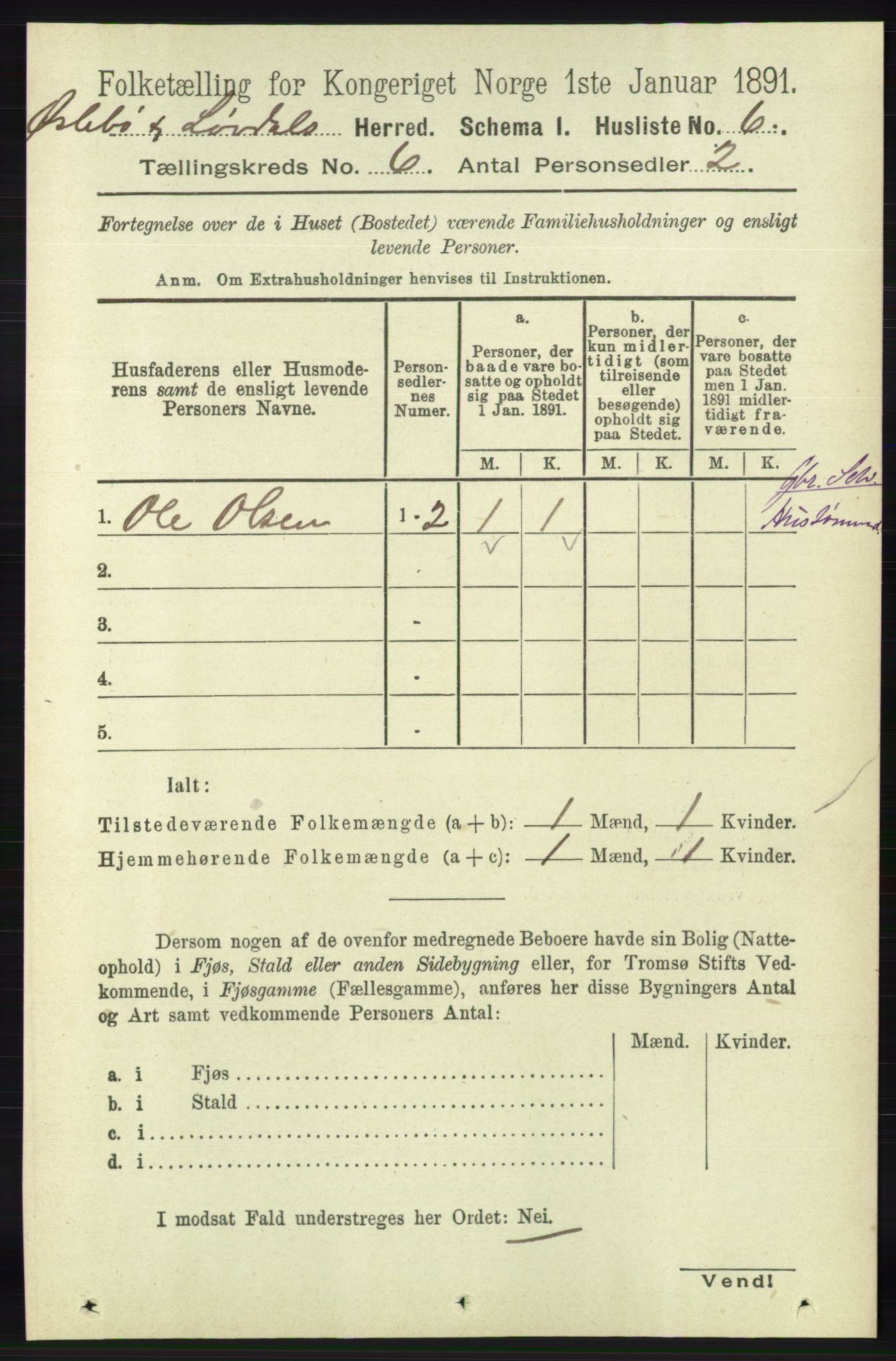 RA, 1891 census for 1021 Øyslebø og Laudal, 1891, p. 1649