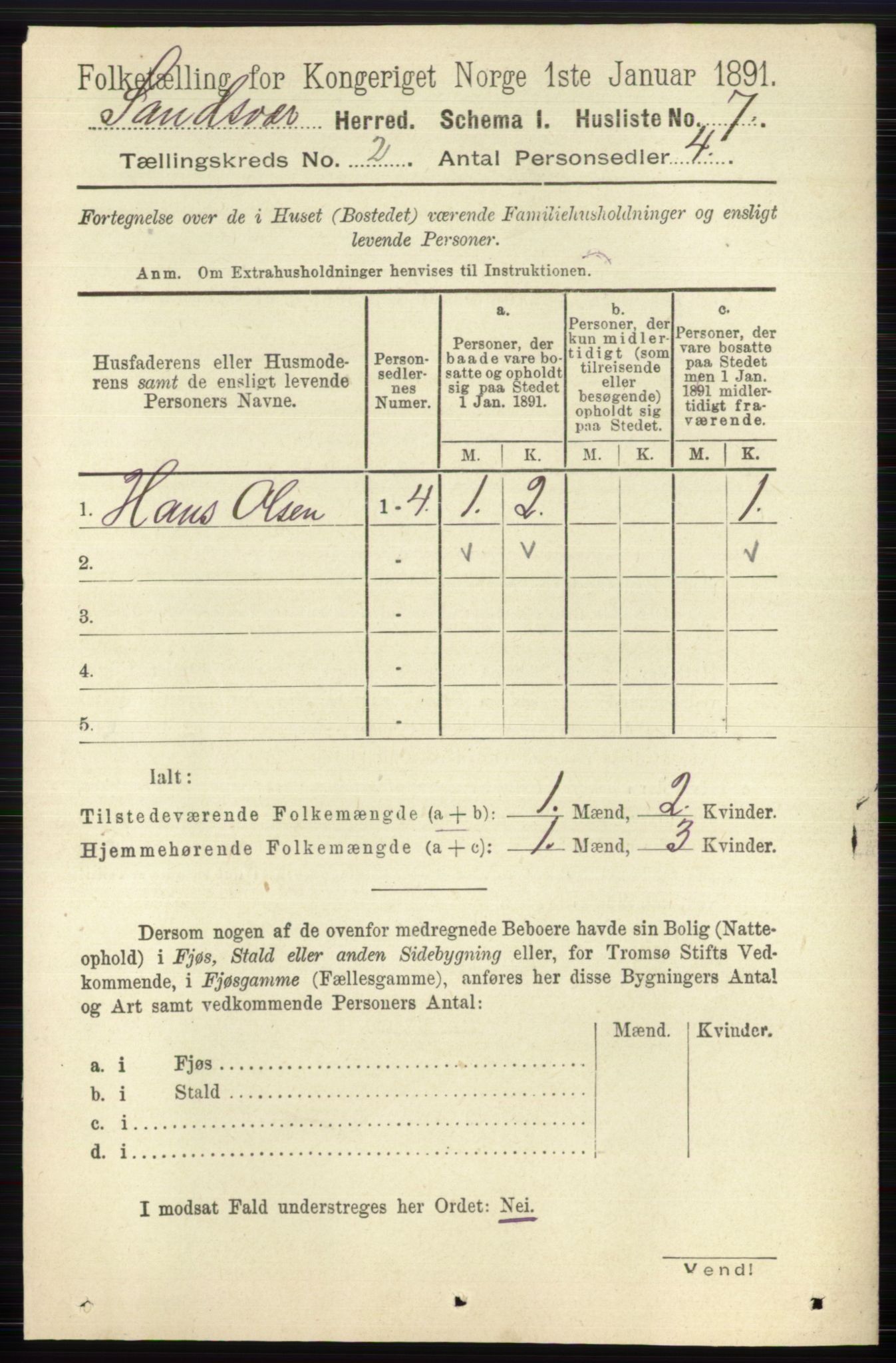 RA, 1891 census for 0629 Sandsvær, 1891, p. 5719