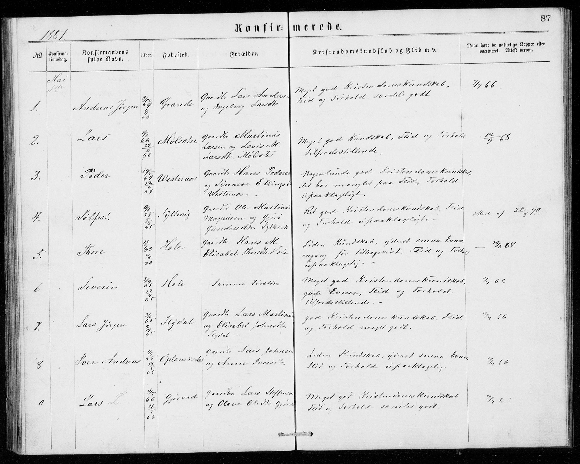 Ministerialprotokoller, klokkerbøker og fødselsregistre - Møre og Romsdal, SAT/A-1454/518/L0235: Parish register (copy) no. 518C02, 1867-1888, p. 87