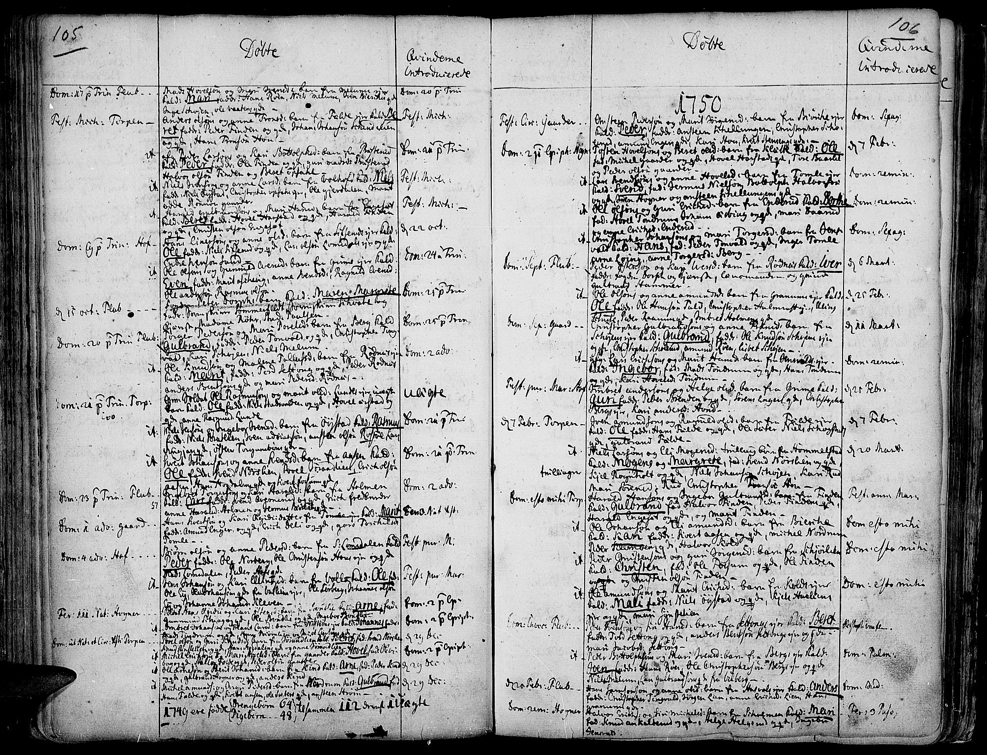 Land prestekontor, AV/SAH-PREST-120/H/Ha/Haa/L0002: Parish register (official) no. 2, 1733-1764, p. 105-106