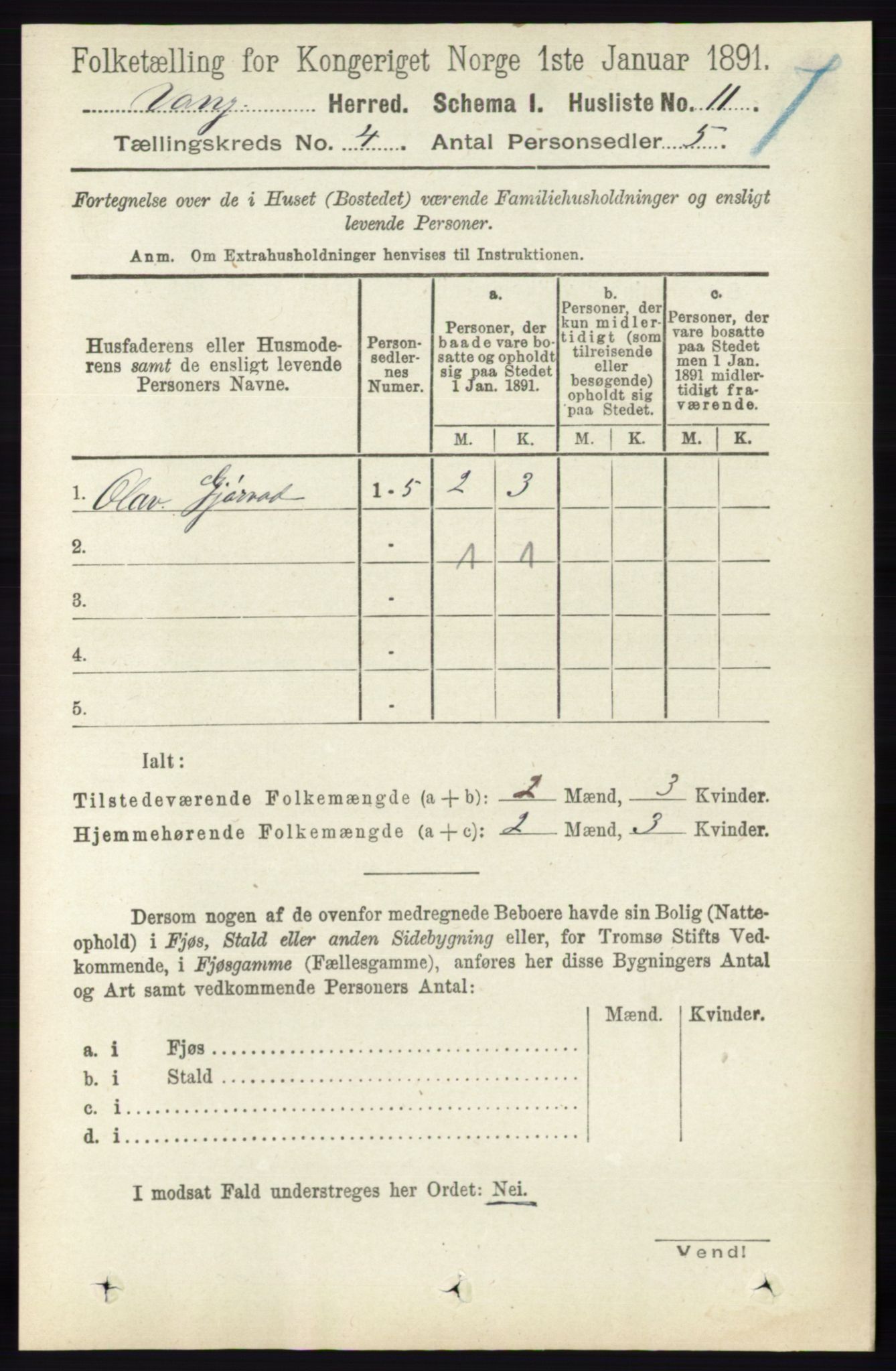 RA, 1891 census for 0414 Vang, 1891, p. 2640