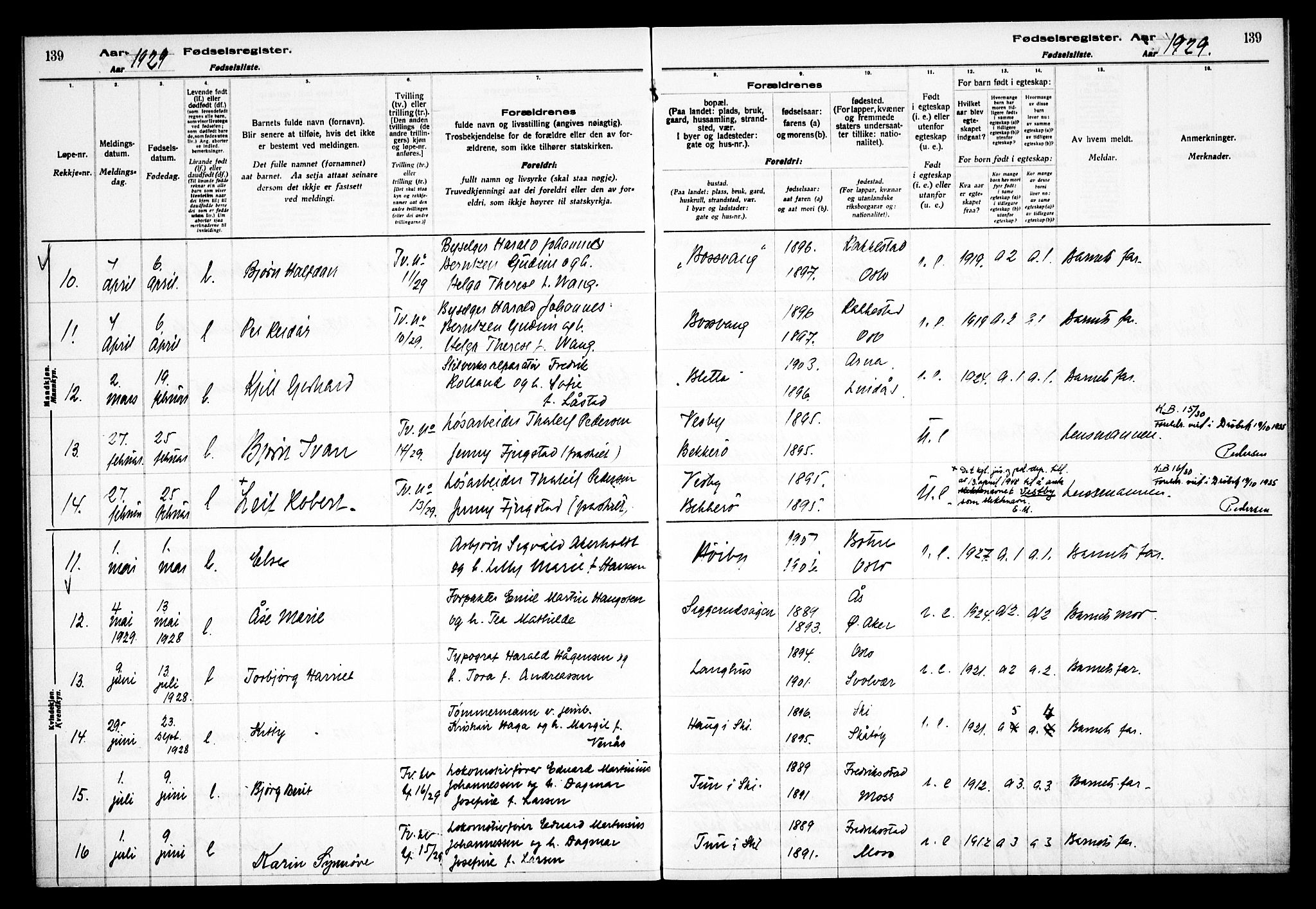 Kråkstad prestekontor Kirkebøker, AV/SAO-A-10125a/J/Jb/L0001: Birth register no. II 1, 1916-1936, p. 139