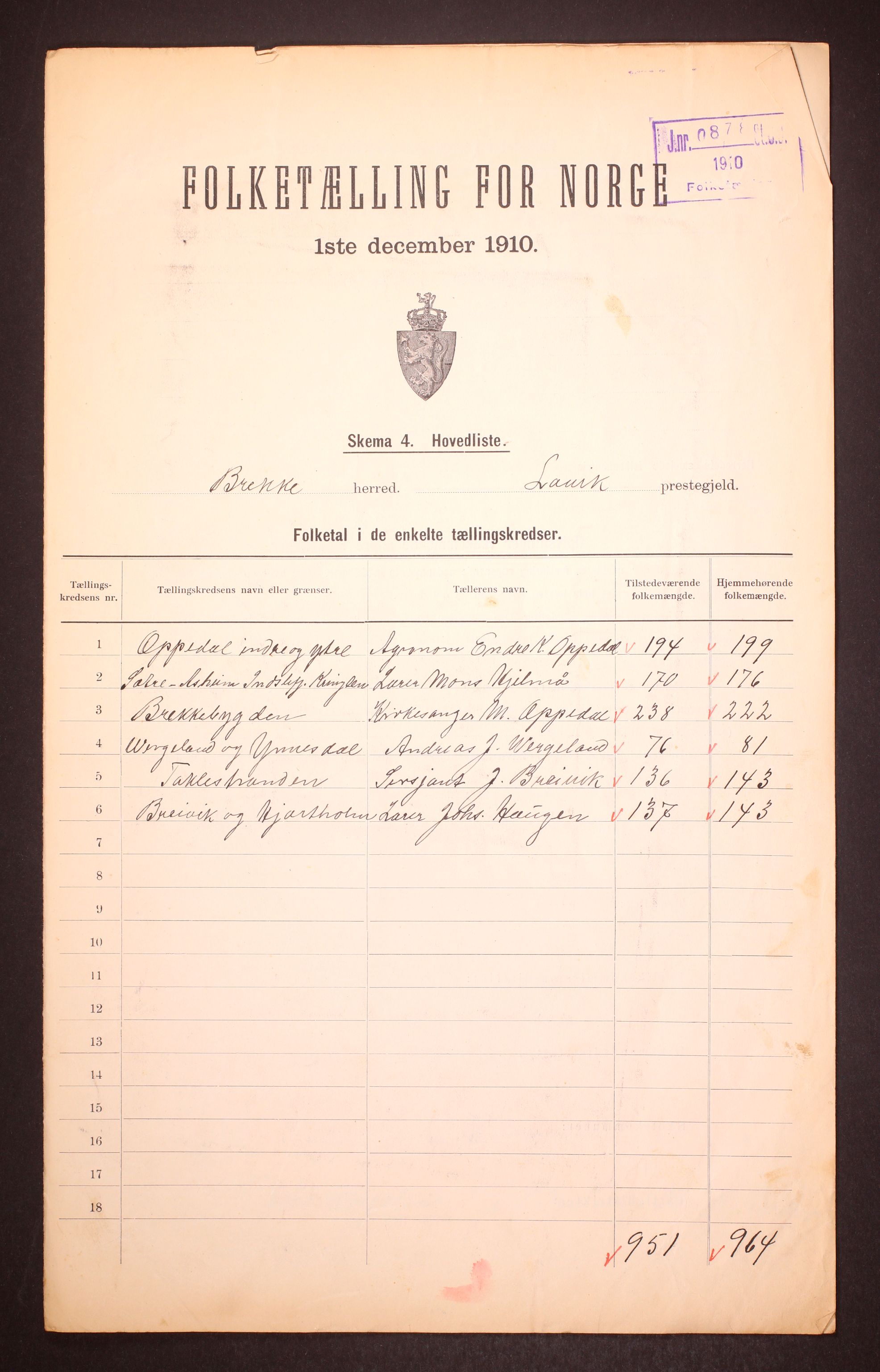 RA, 1910 census for Brekke, 1910, p. 2