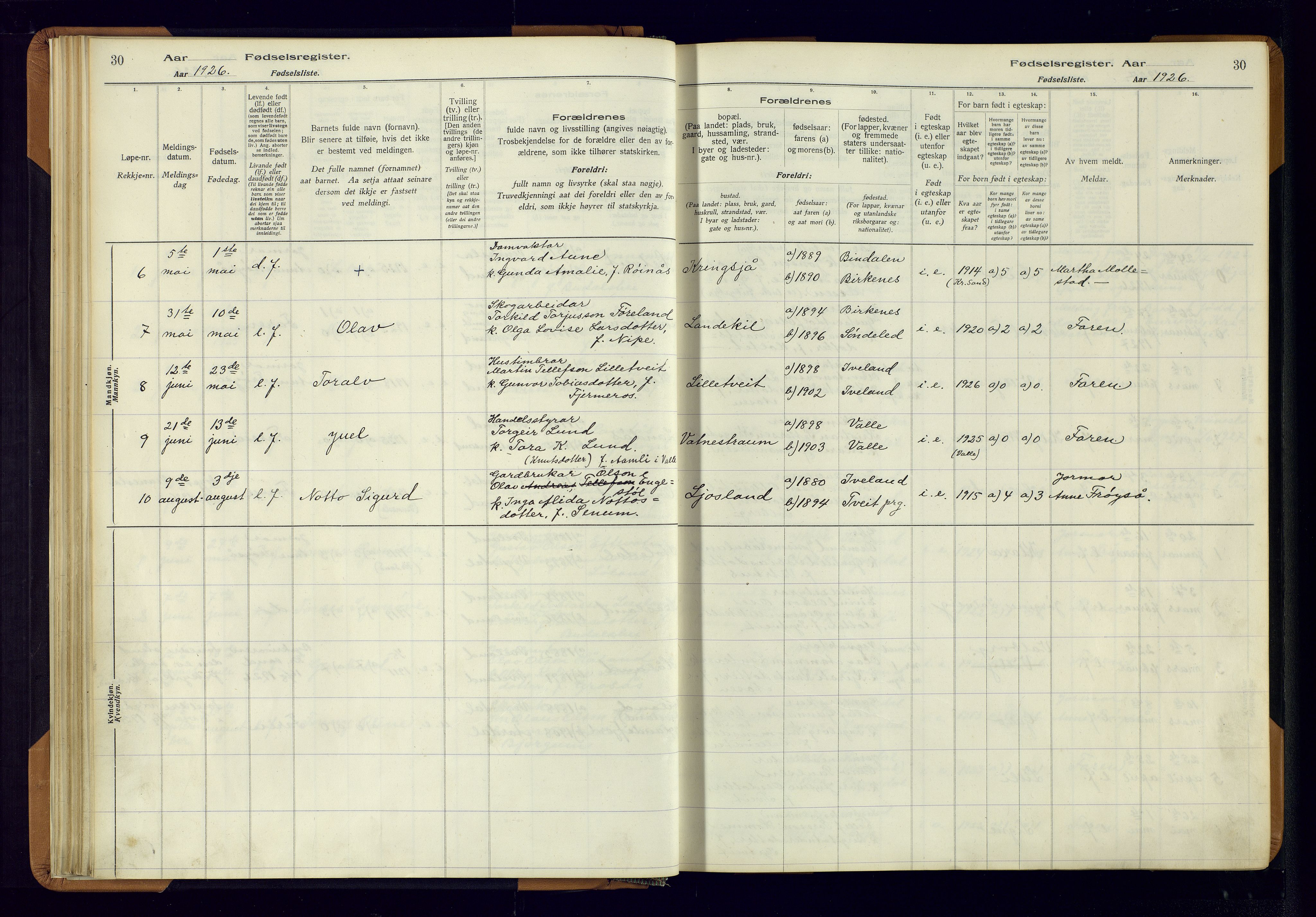 Evje sokneprestkontor, AV/SAK-1111-0008/J/Jc/L0003: Birth register no. II.4.3, 1916-1982, p. 30