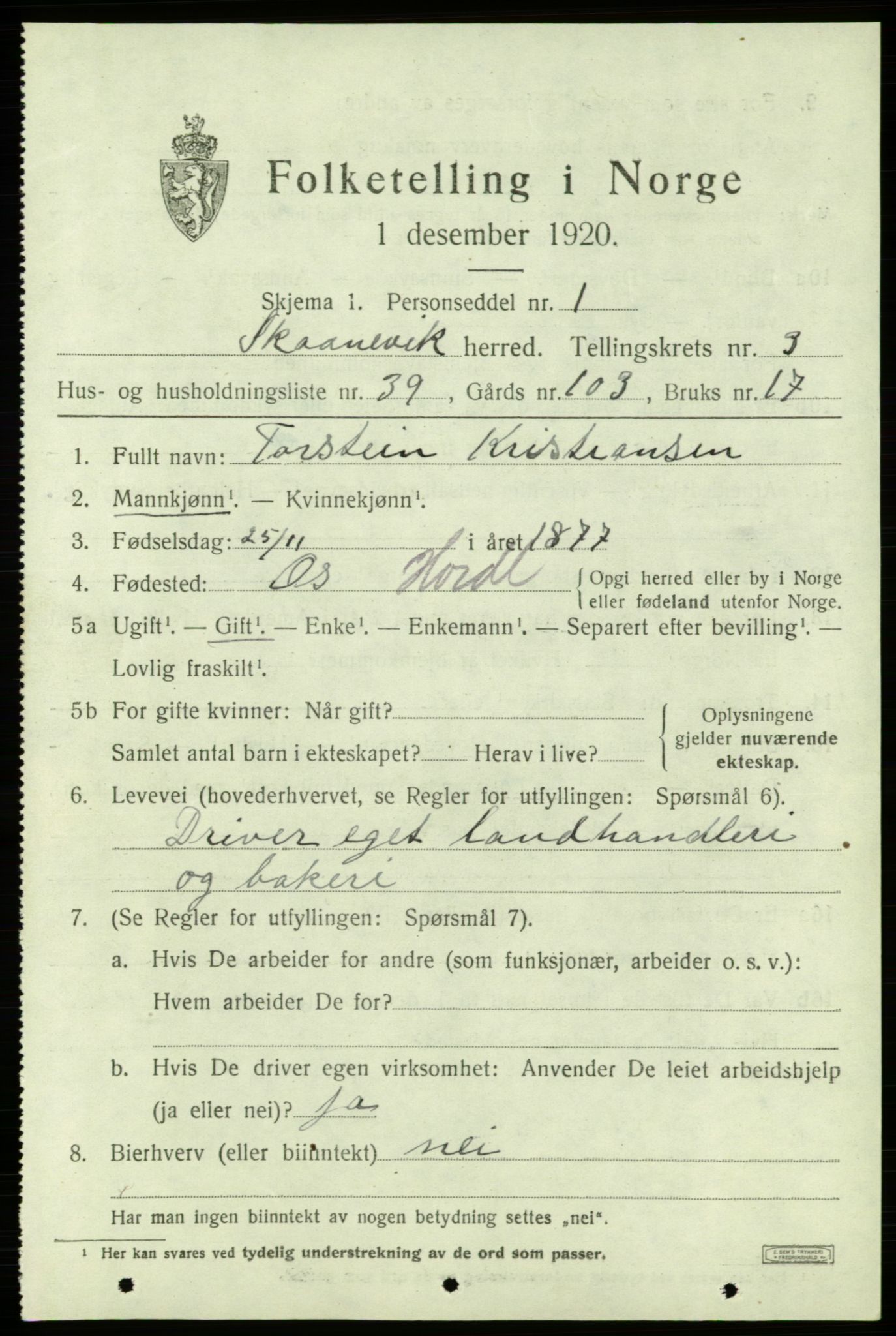 SAB, 1920 census for Skånevik, 1920, p. 3231