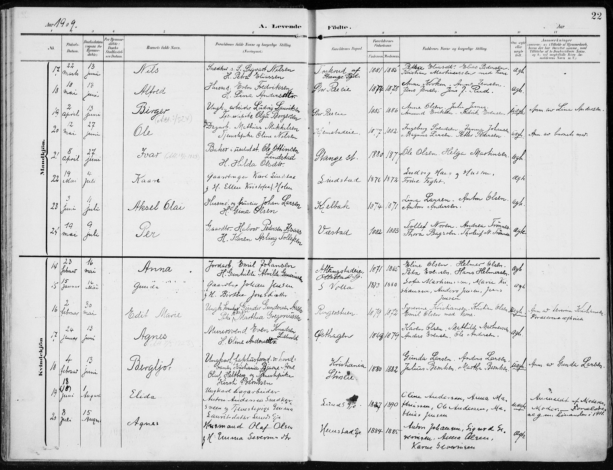 Stange prestekontor, AV/SAH-PREST-002/K/L0024: Parish register (official) no. 24, 1906-1922, p. 22