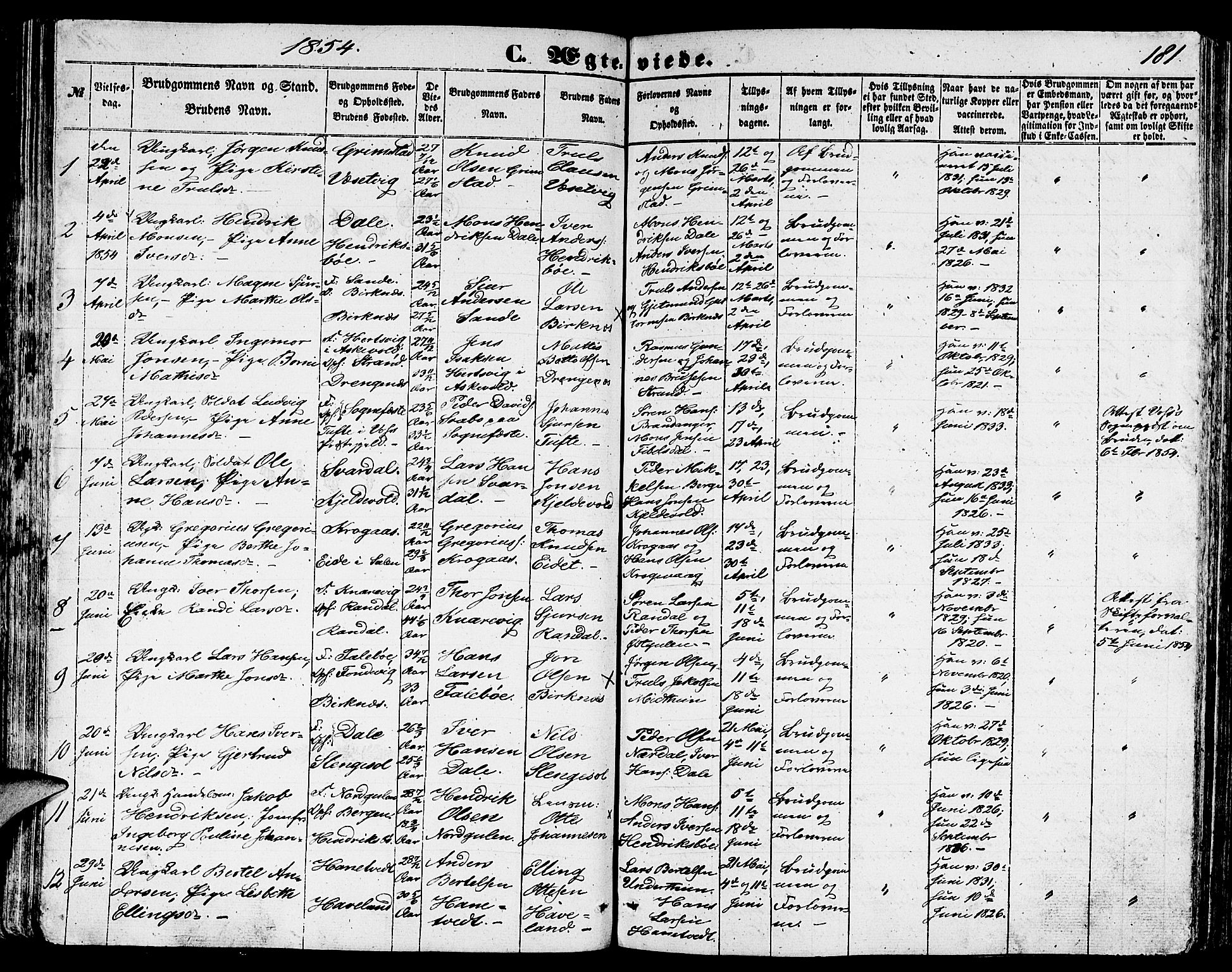 Gulen sokneprestembete, SAB/A-80201/H/Hab/Habb/L0001: Parish register (copy) no. B 1, 1854-1866, p. 181