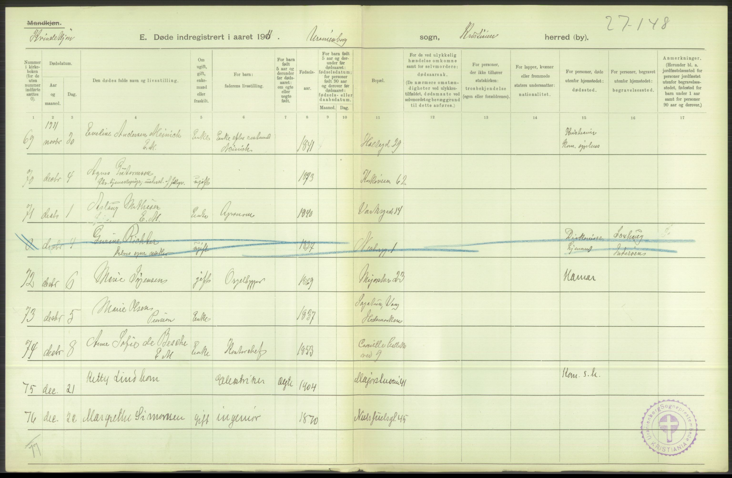 Statistisk sentralbyrå, Sosiodemografiske emner, Befolkning, RA/S-2228/D/Df/Dfb/Dfba/L0010: Kristiania: Døde kvinner samt dødfødte., 1911, p. 580