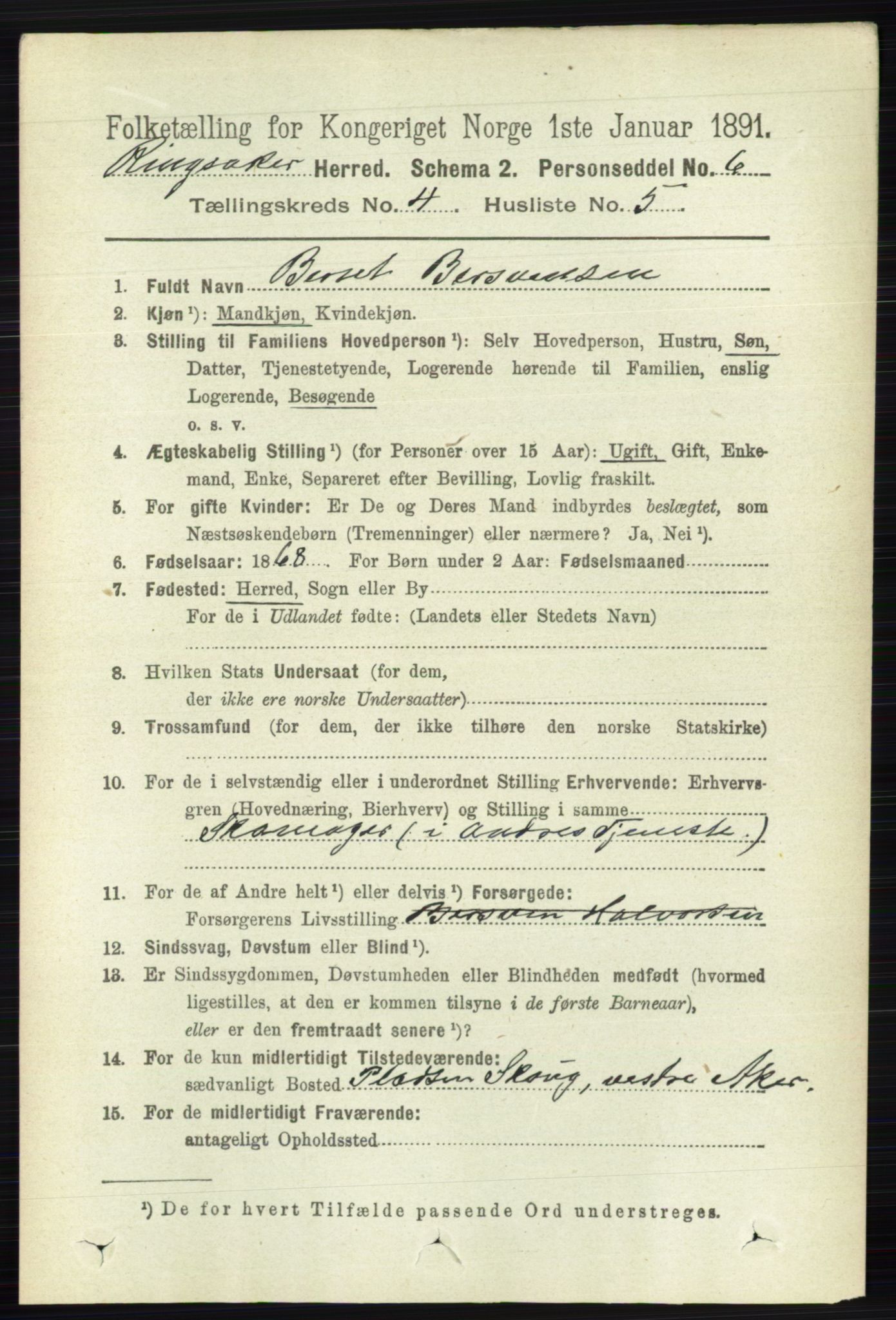 RA, 1891 census for 0412 Ringsaker, 1891, p. 1800
