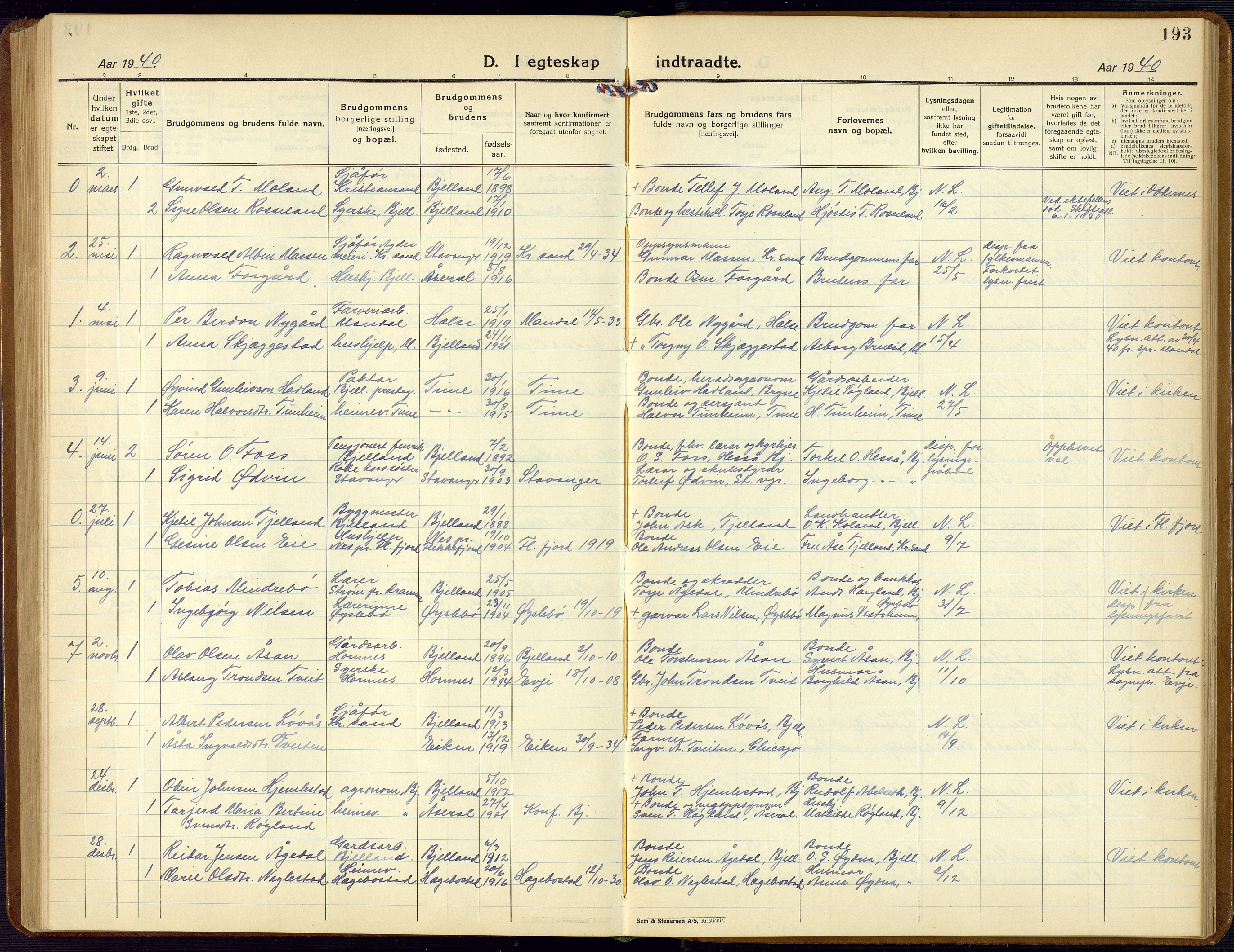 Bjelland sokneprestkontor, SAK/1111-0005/F/Fb/Fba/L0006: Parish register (copy) no. B 6, 1923-1956, p. 193