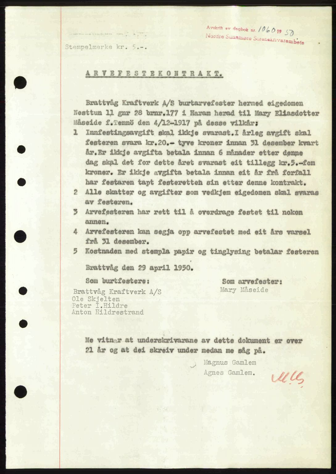 Nordre Sunnmøre sorenskriveri, AV/SAT-A-0006/1/2/2C/2Ca: Mortgage book no. A34, 1950-1950, Diary no: : 1060/1950