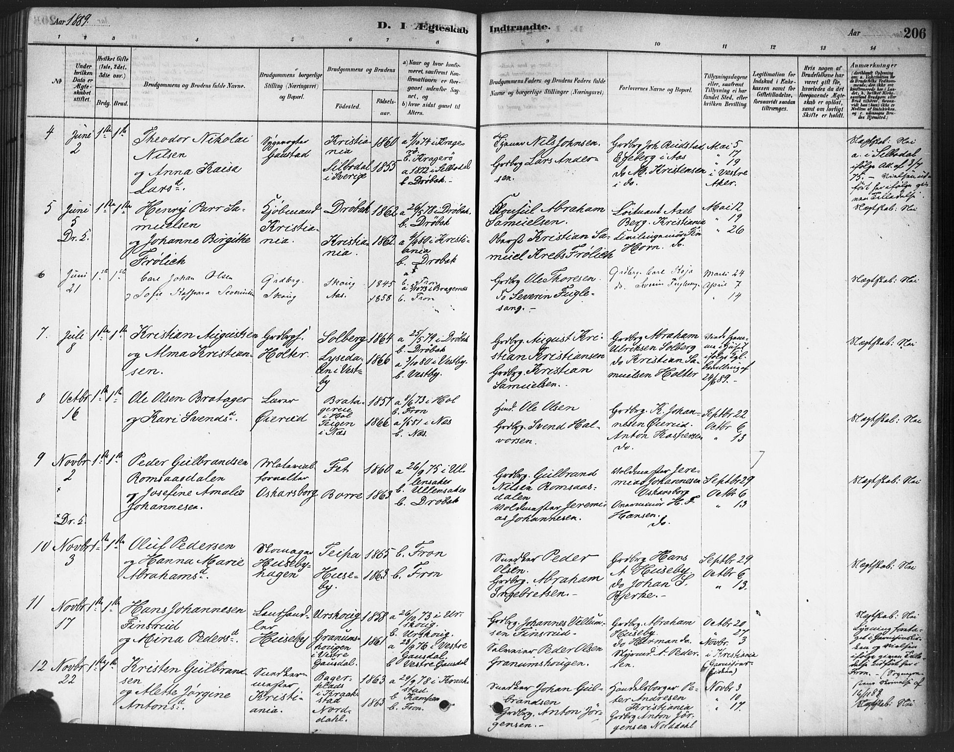 Drøbak prestekontor Kirkebøker, SAO/A-10142a/F/Fc/L0002: Parish register (official) no. III 2, 1878-1891, p. 206