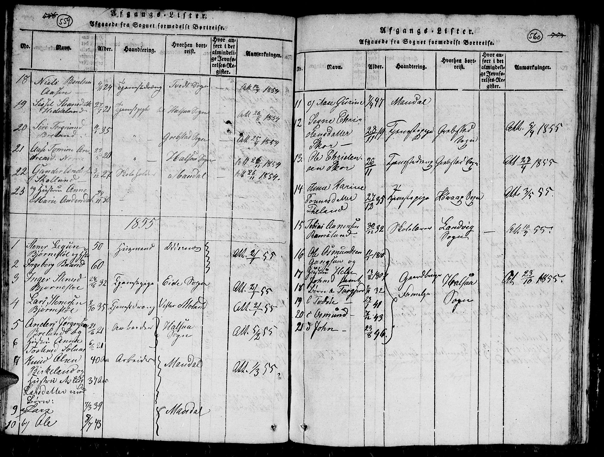 Holum sokneprestkontor, AV/SAK-1111-0022/F/Fb/Fbc/L0001: Parish register (copy) no. B 1, 1820-1859, p. 559-560