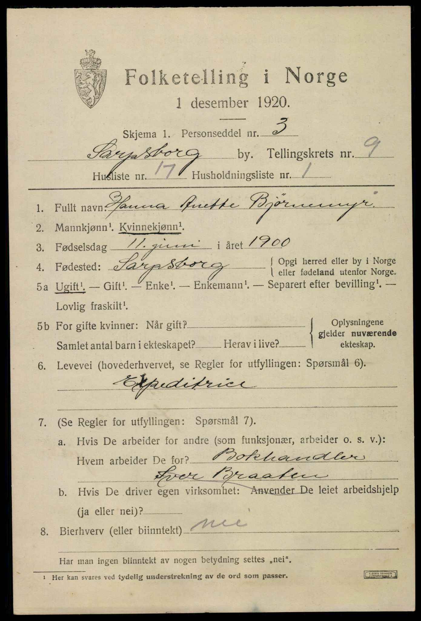 SAO, 1920 census for Sarpsborg, 1920, p. 19308