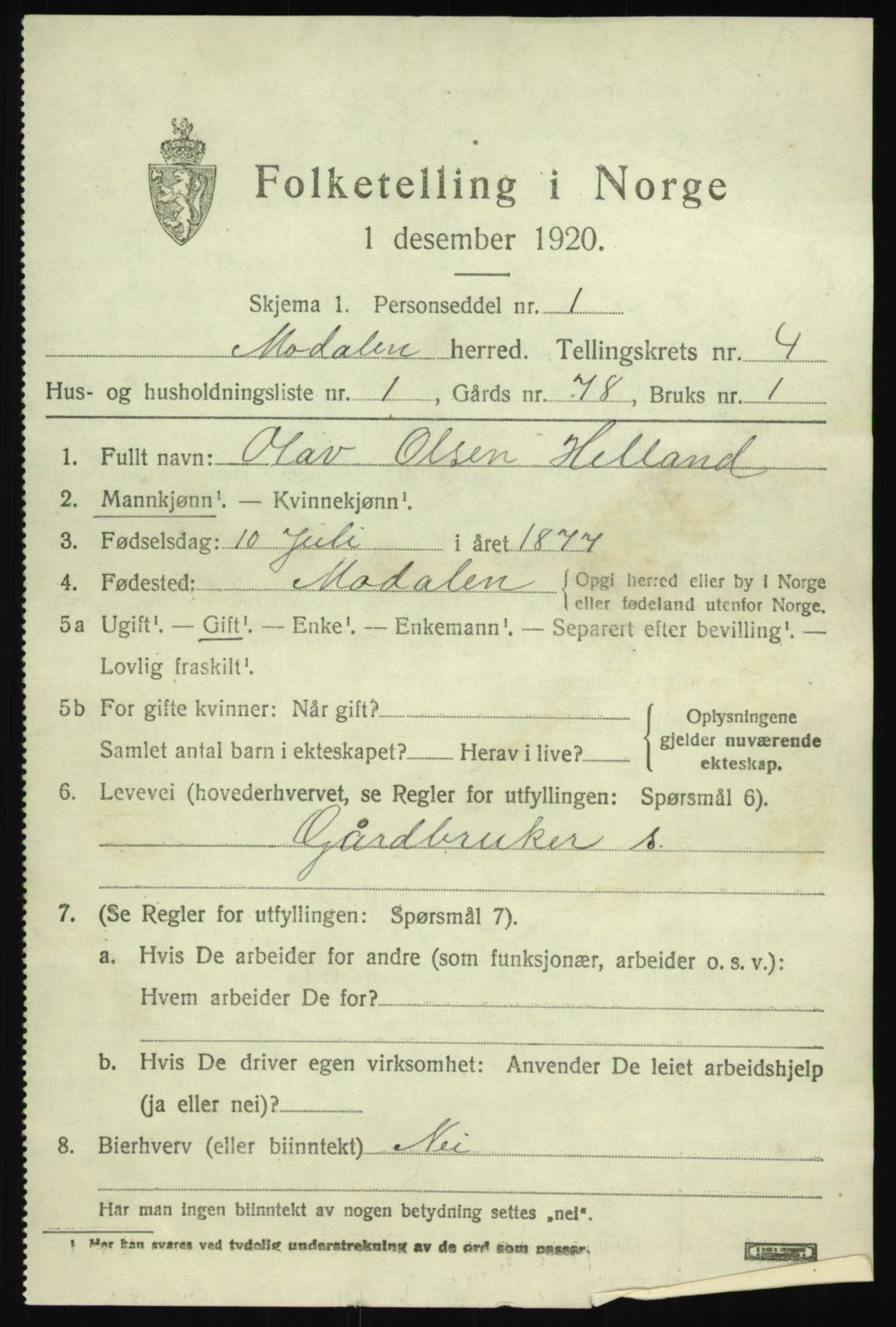 SAB, 1920 census for Modalen, 1920, p. 804