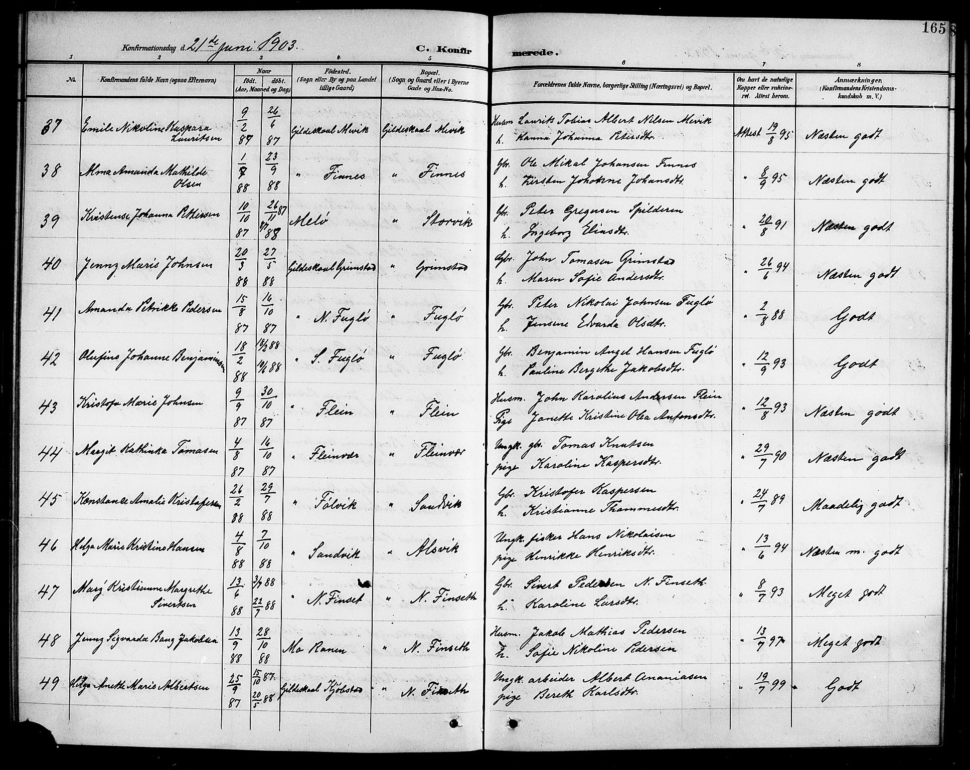 Ministerialprotokoller, klokkerbøker og fødselsregistre - Nordland, AV/SAT-A-1459/805/L0109: Parish register (copy) no. 805C05, 1900-1911, p. 165